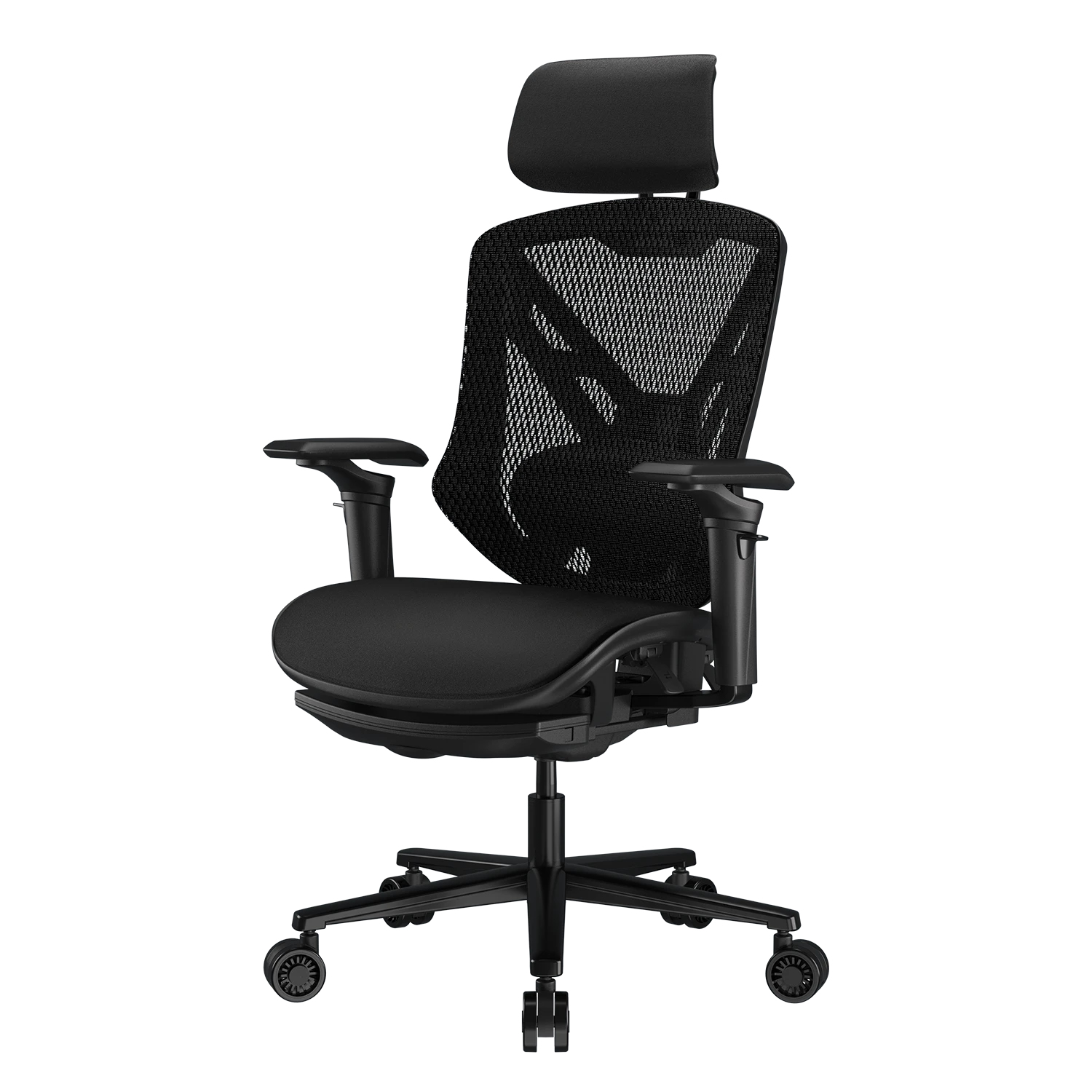 Una silla de oficina negra con respaldo de malla y reposabrazos ajustables.