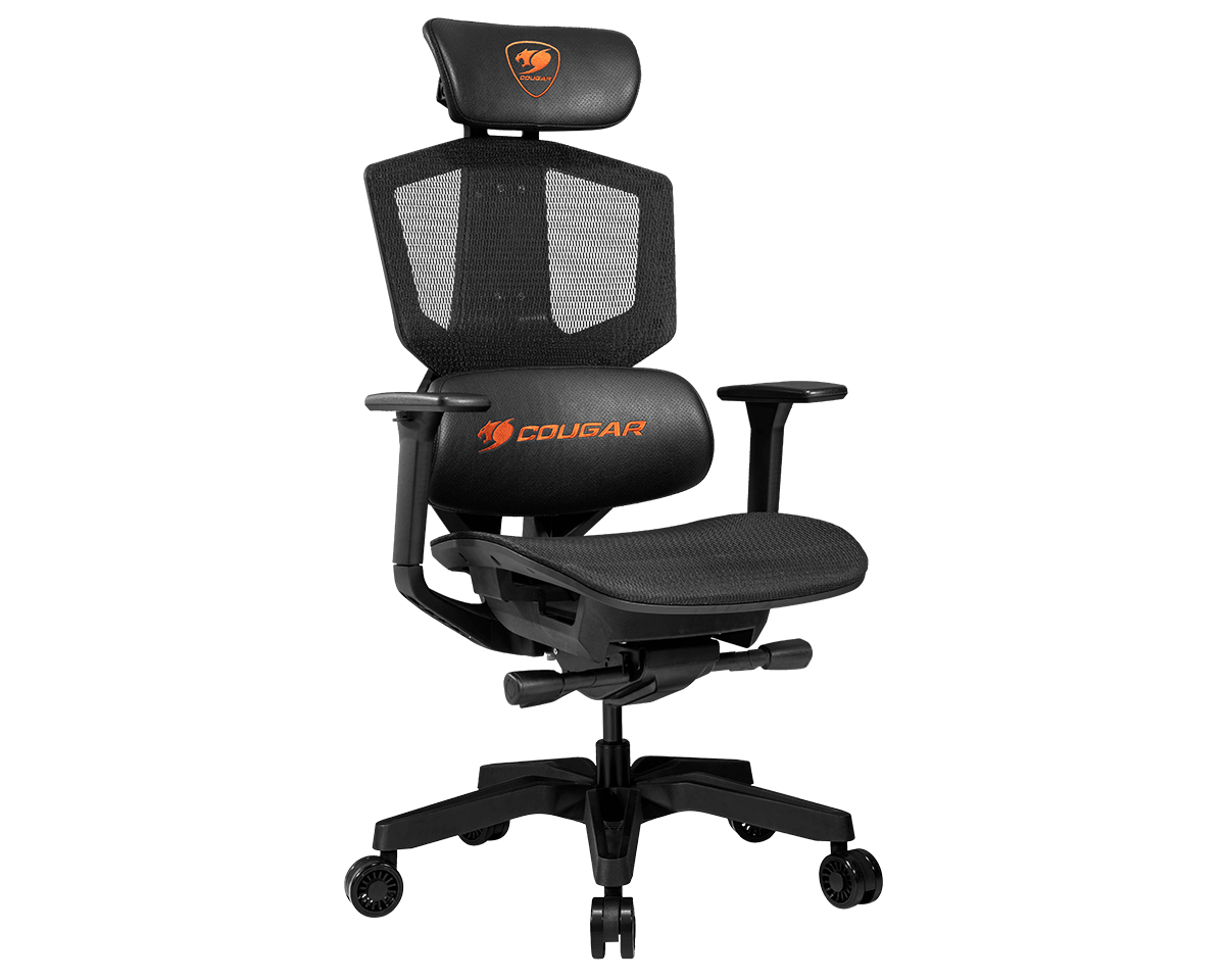 Silla gamer negra con respaldo de malla y logo naranja.