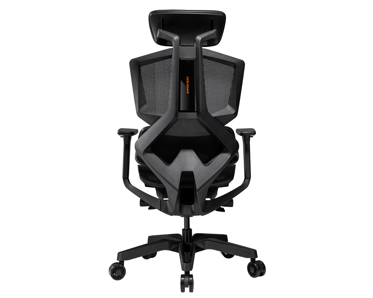 Vista trasera de silla ergonómica negra con respaldo de malla y brazos ajustables.