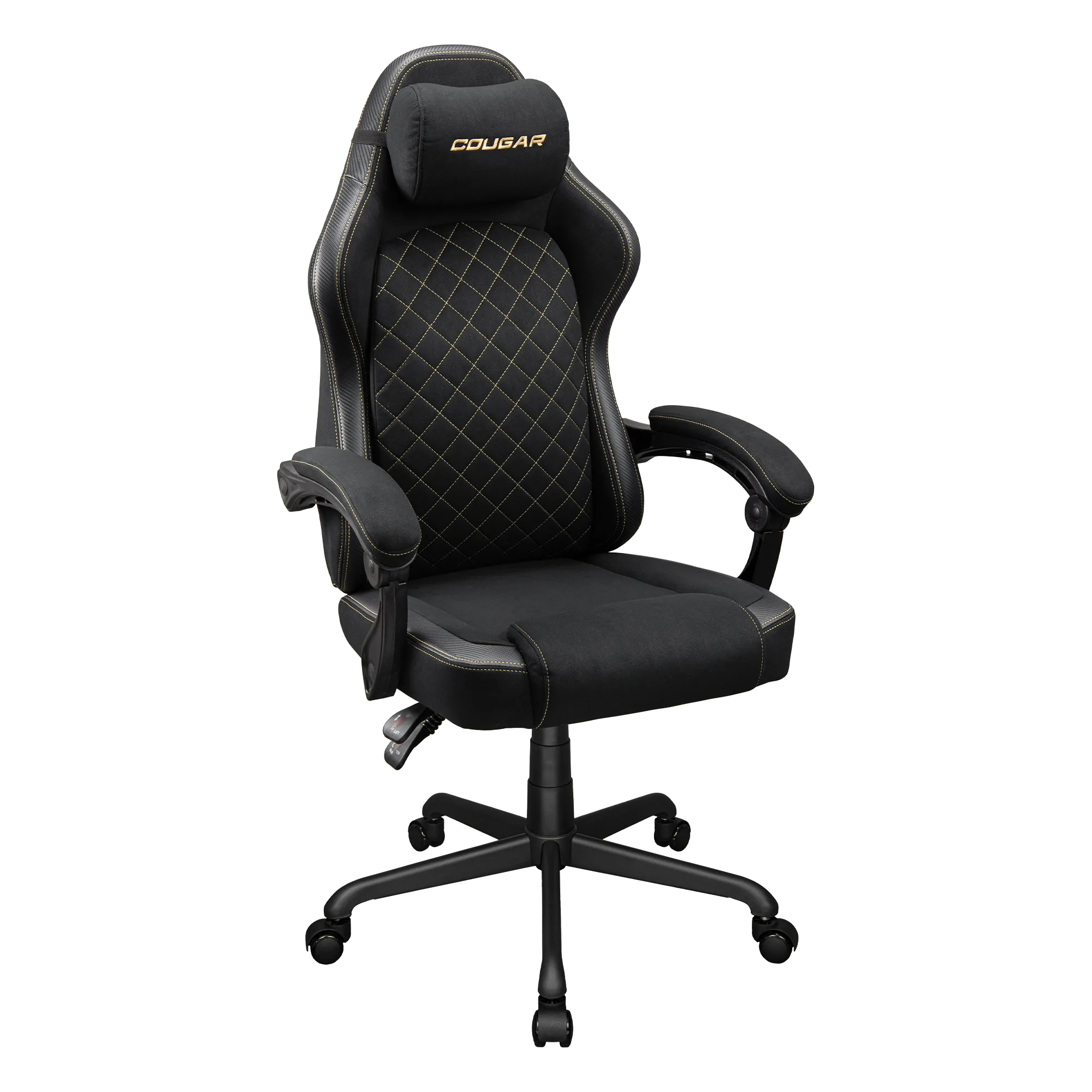 Silla gamer negra con reposacabezas y costuras amarillas sobre ruedas.