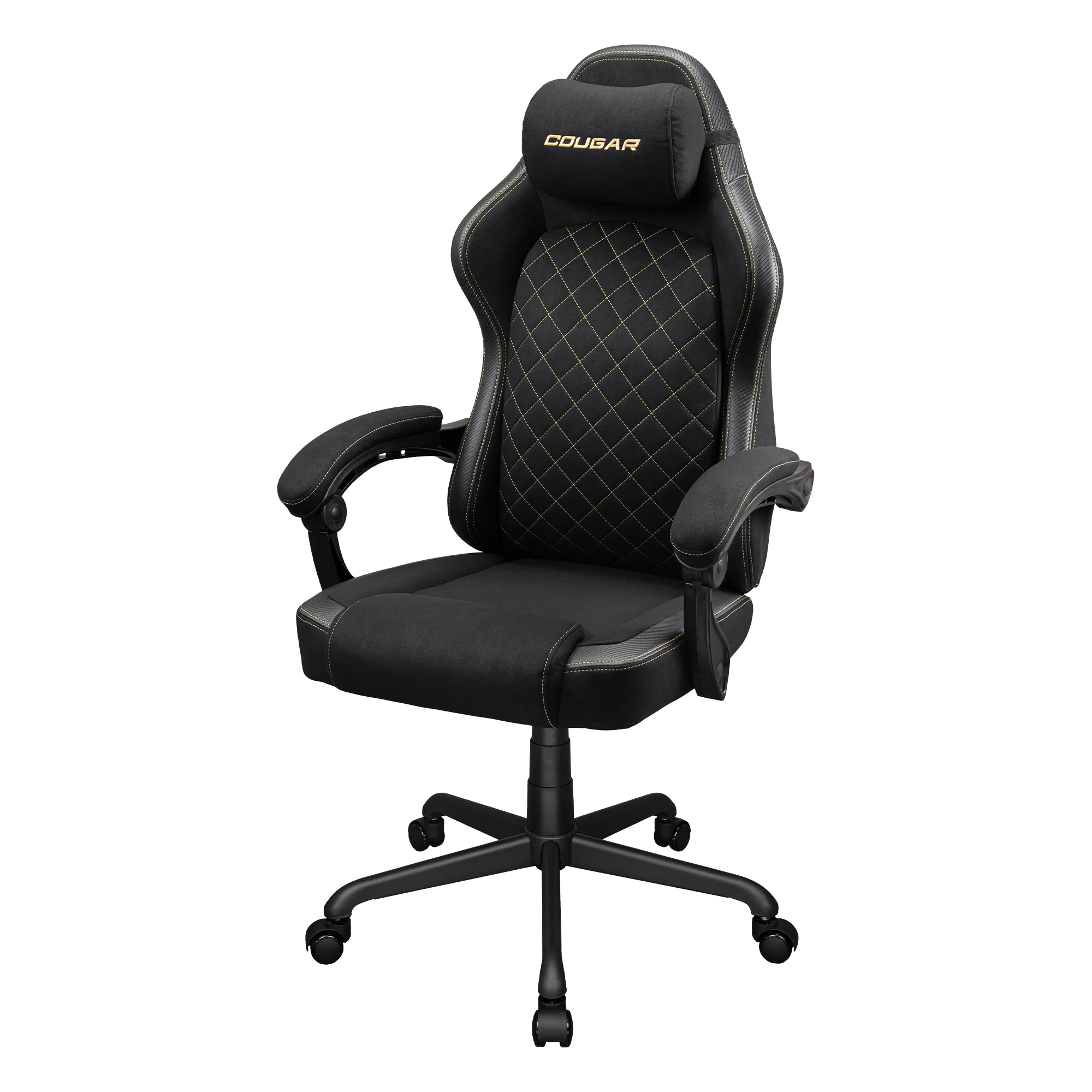 Silla gaming negra con costuras amarillas, asiento acolchado y reposacabezas con logo.
