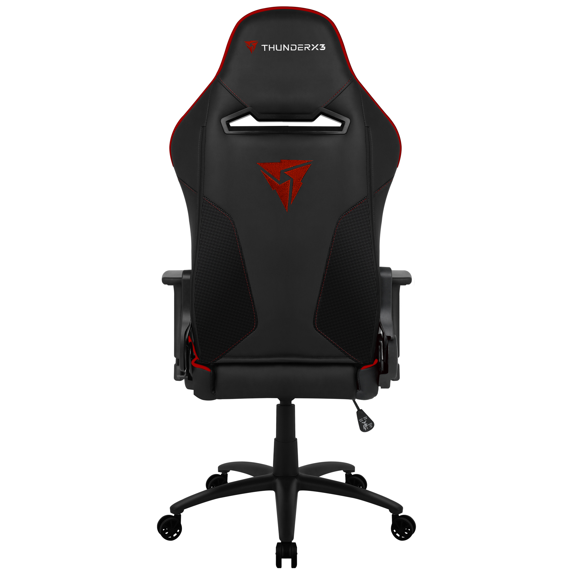 Schwarzer Gaming-Stuhl mit rotem Rand, THUNDERX3-Logo und Mesh-Akzenten.