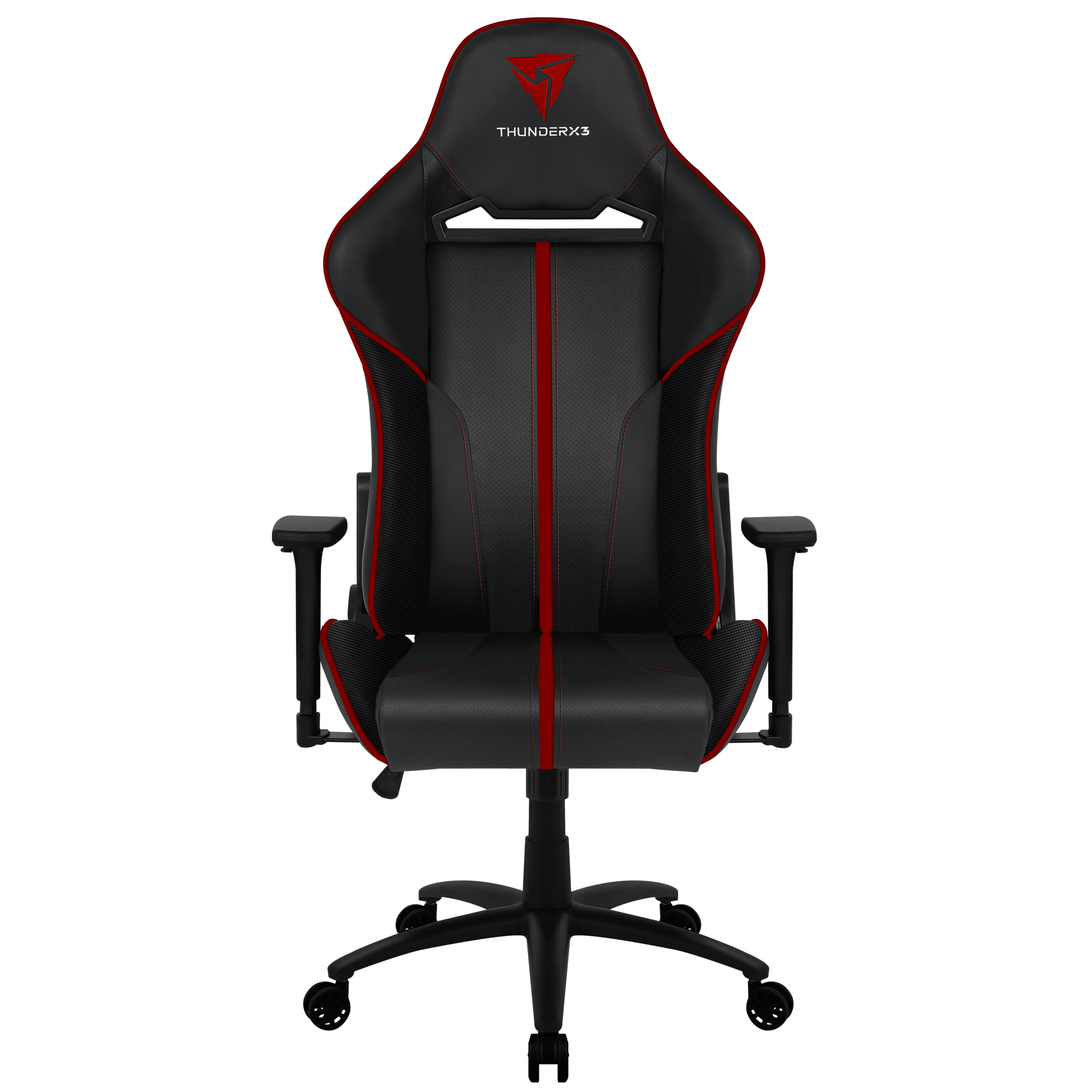 Schwarzer Gaming-Stuhl mit roten Akzenten und dem ThunderX3-Logo.