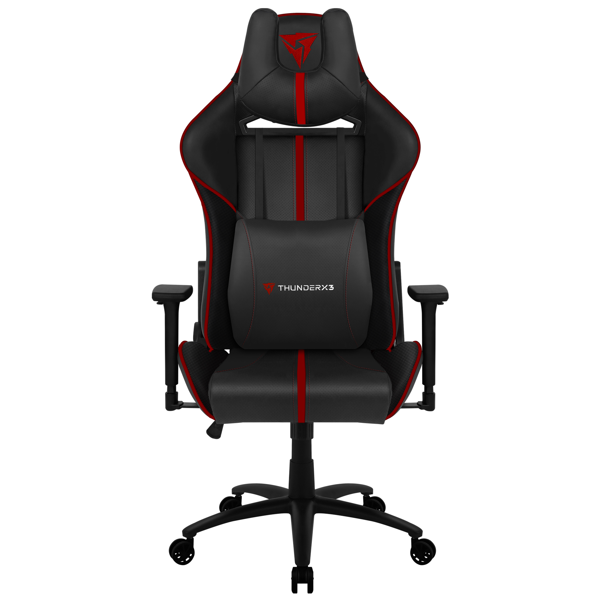 Schwarzer Gaming-Stuhl mit roten Akzenten und Rädern.