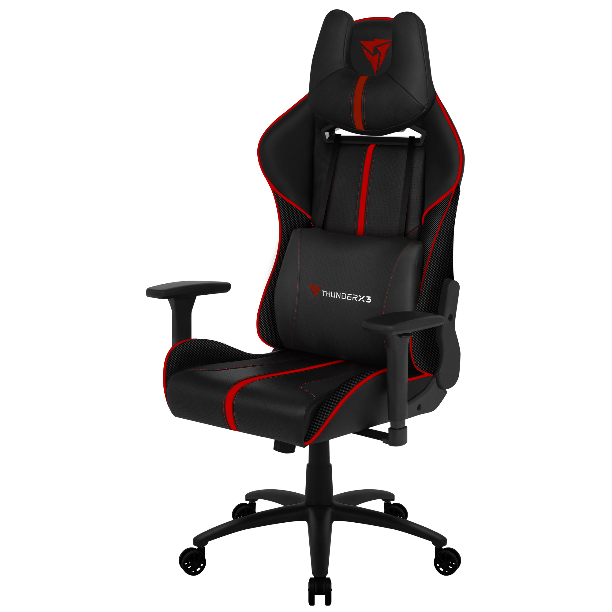 Ein schwarzer Gaming-Stuhl mit roten Akzenten und einem Kissen.
