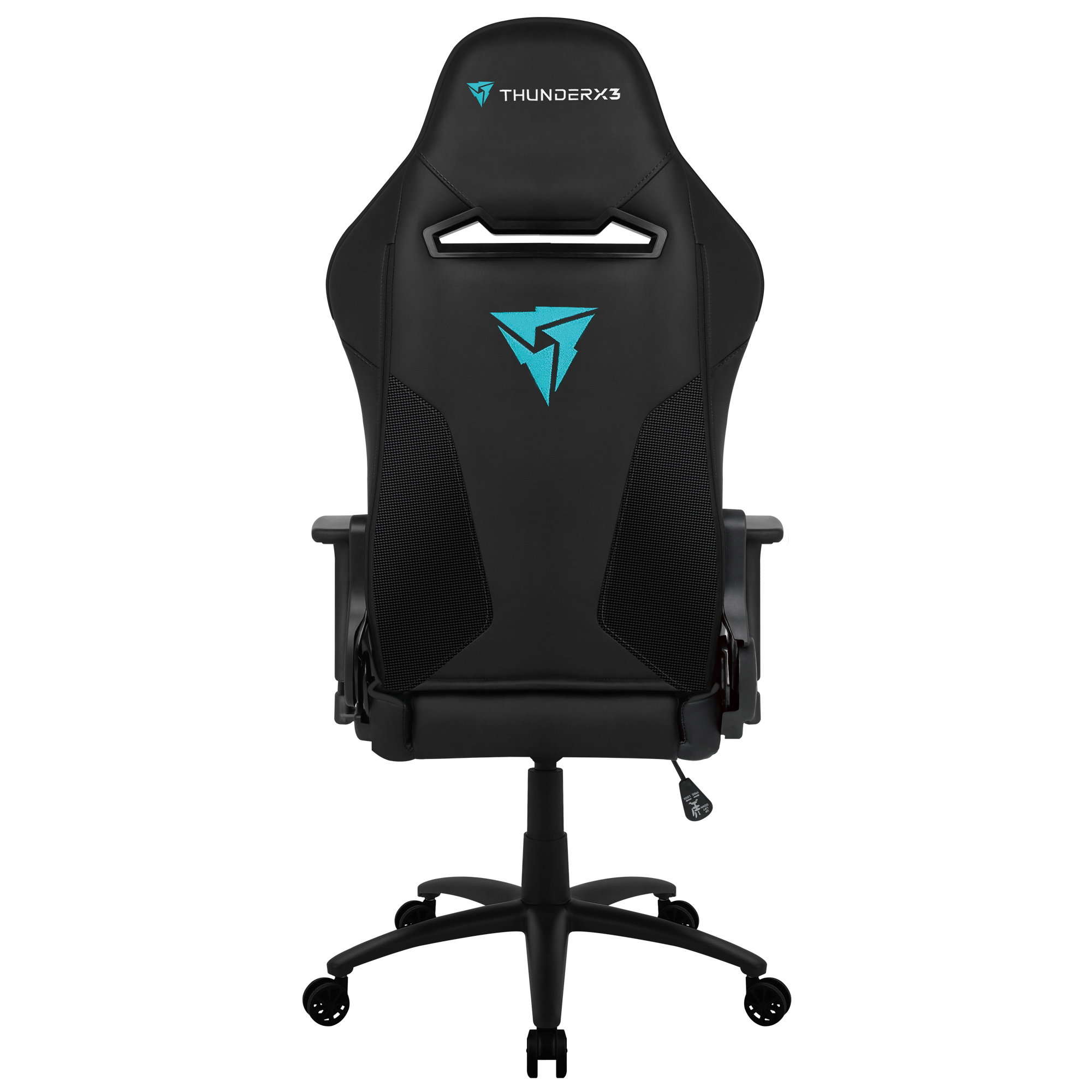 Sedia da gaming nera con logo blu e inserti in rete su sfondo bianco.