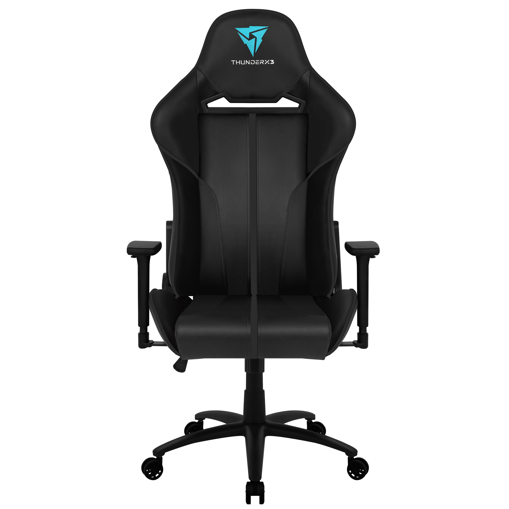 Sedia da gaming nera con logo blu e ruote.