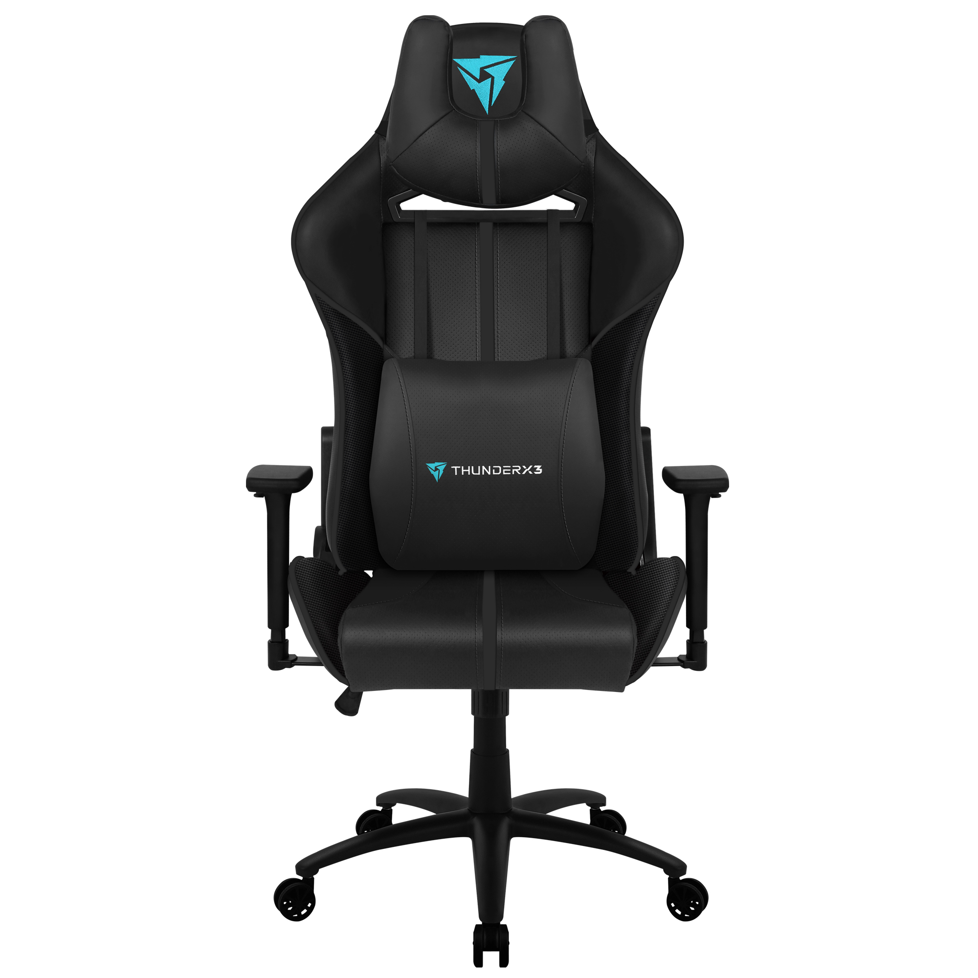 Sedia da gaming nera con loghi blu su poggiatesta e cuscino lombare.