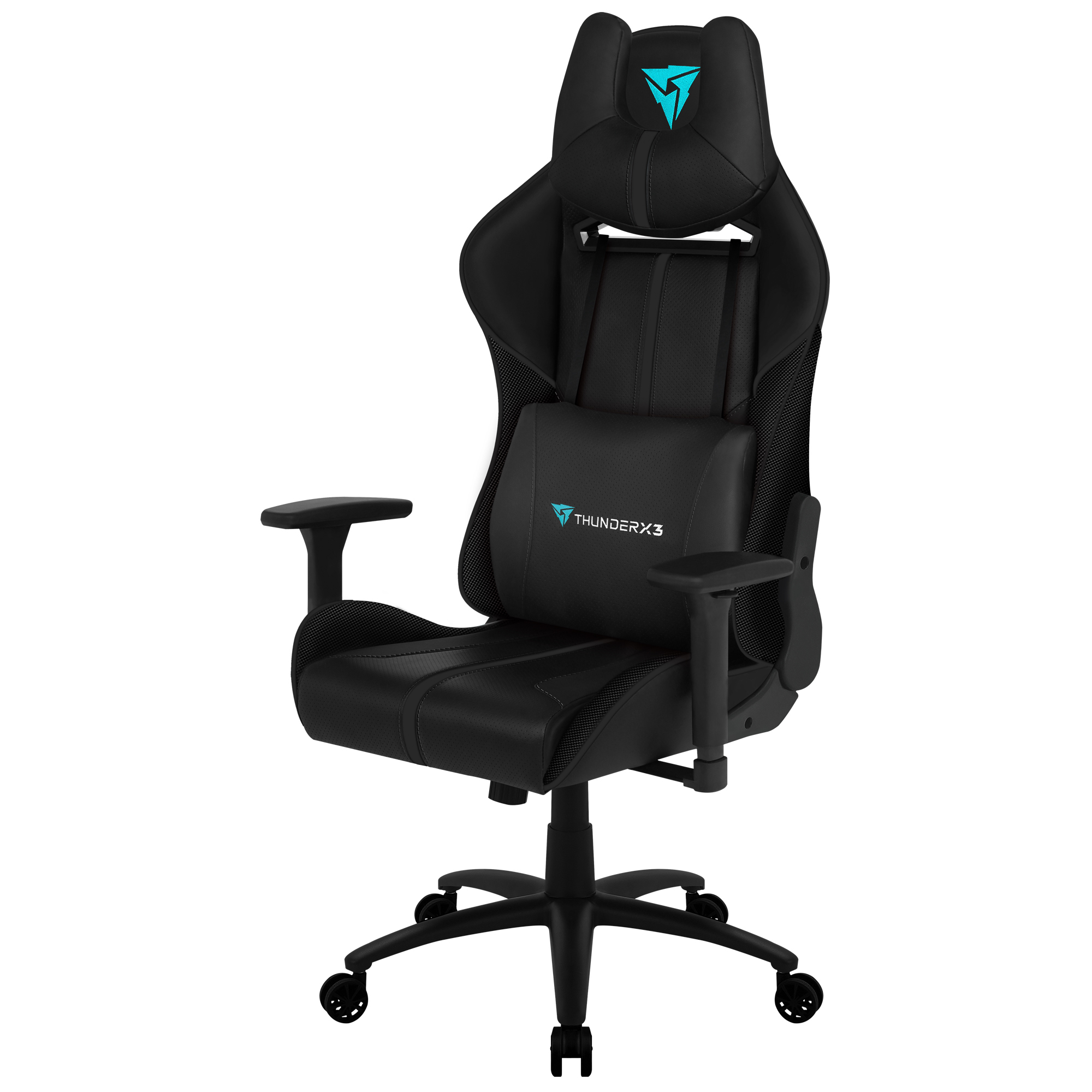 Sedia da gaming nera con logo blu e cuscino lombare, su ruote.