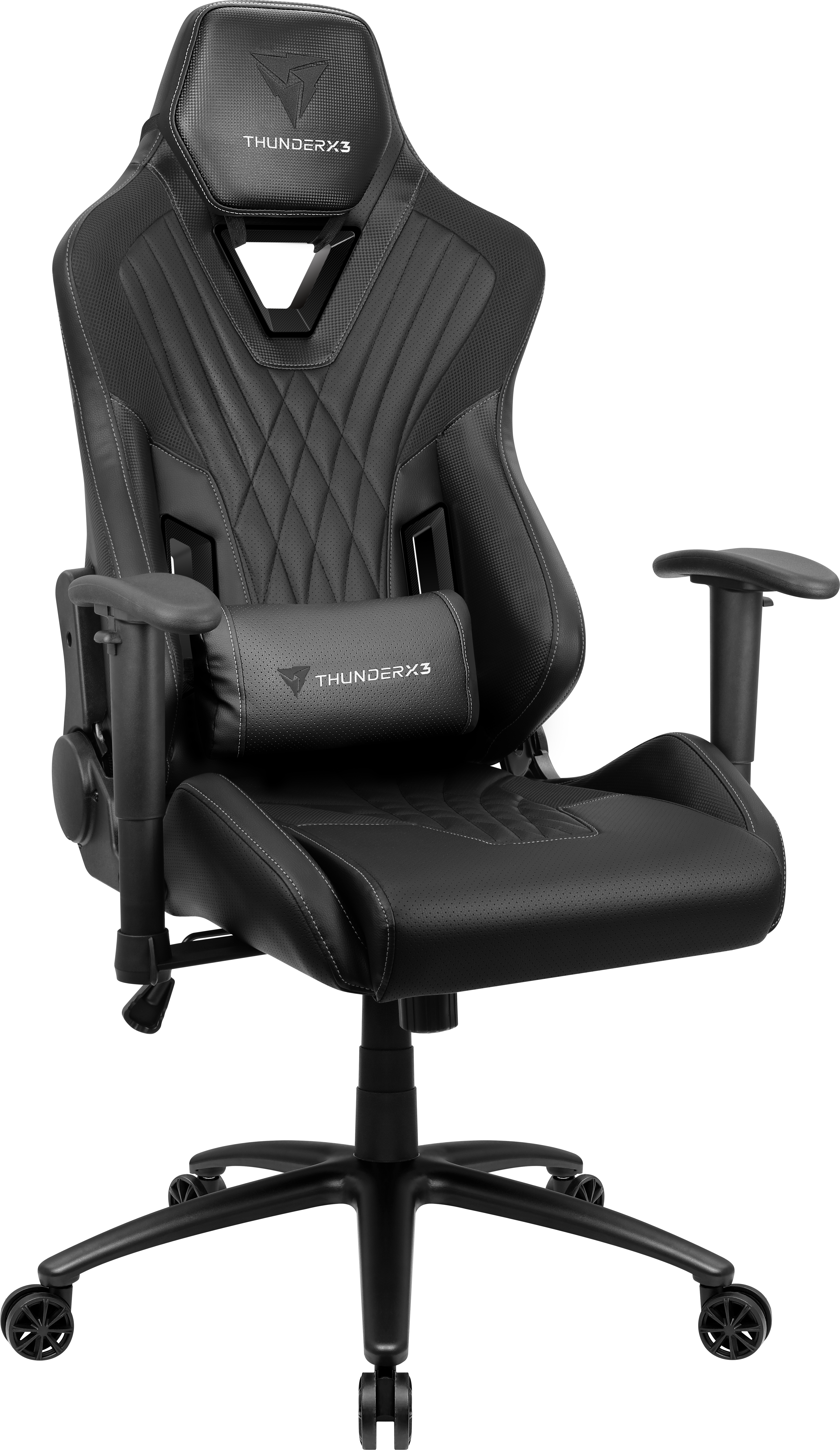 Schwarzer Gaming-Stuhl mit Kopfstütze, Nackenkissen und verstellbaren Armlehnen.