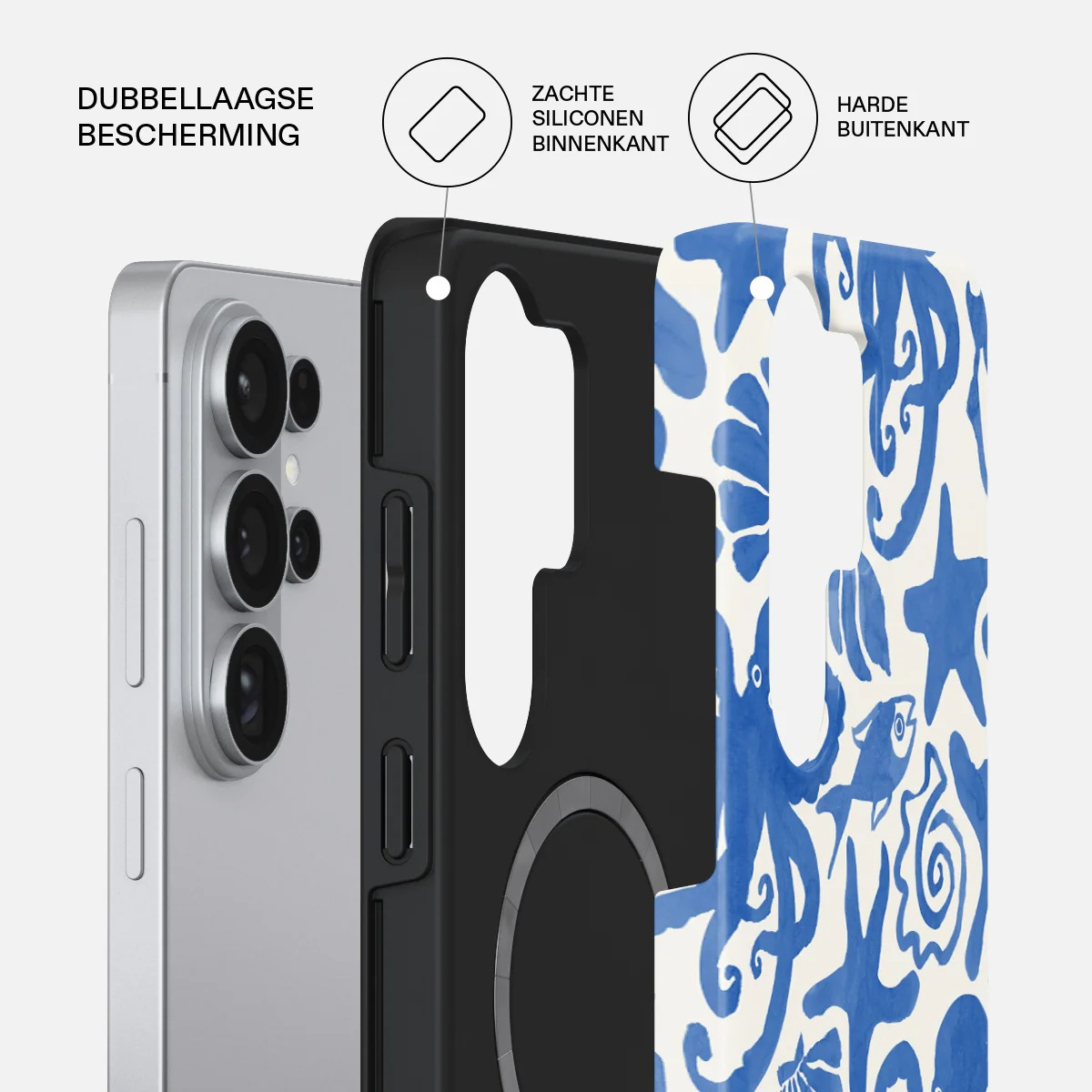 A silver phone displays its camera array next to a black phone case with blue sea creature designs.