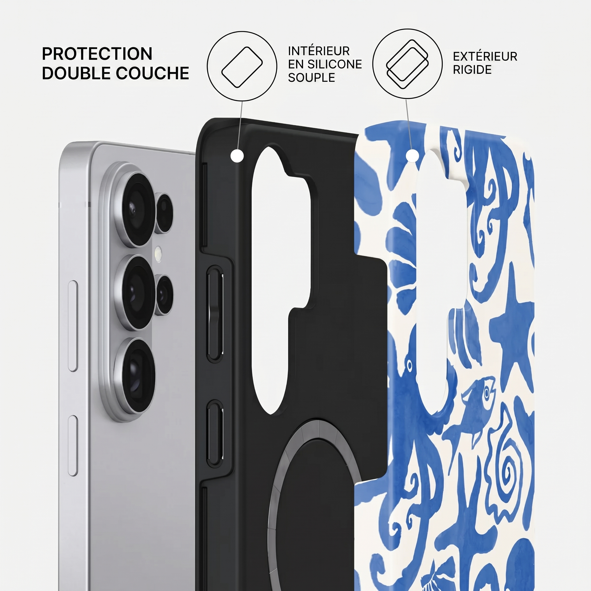 Silver phone with a double-layered case. Soft interior, rigid exterior.