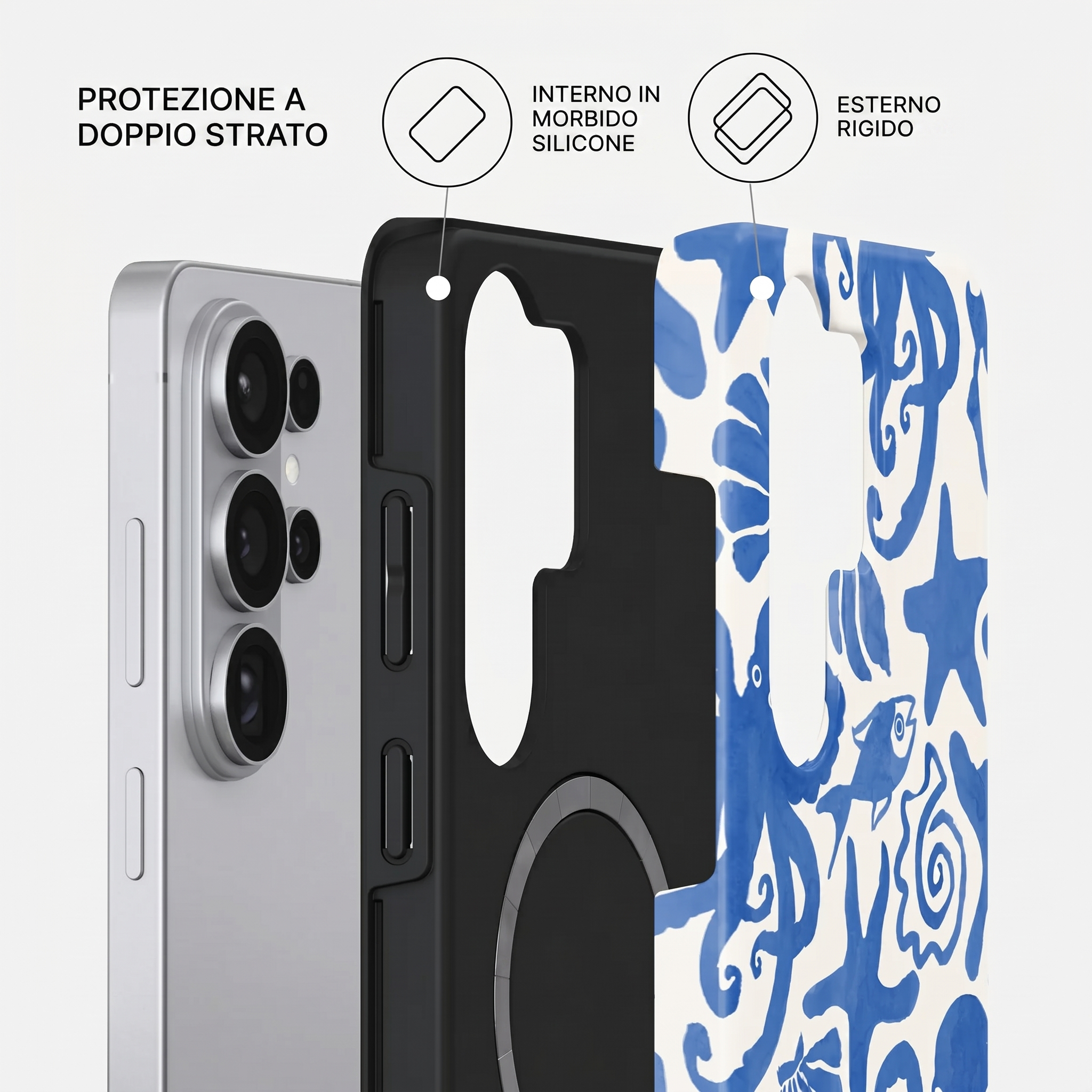 A silver smartphone next to a blue patterned phone case.