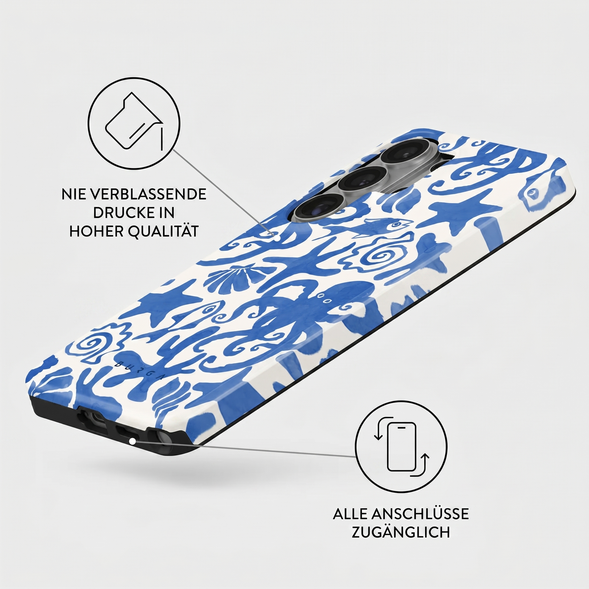 A blue and white phone case with sea motifs, showing camera module and ports.