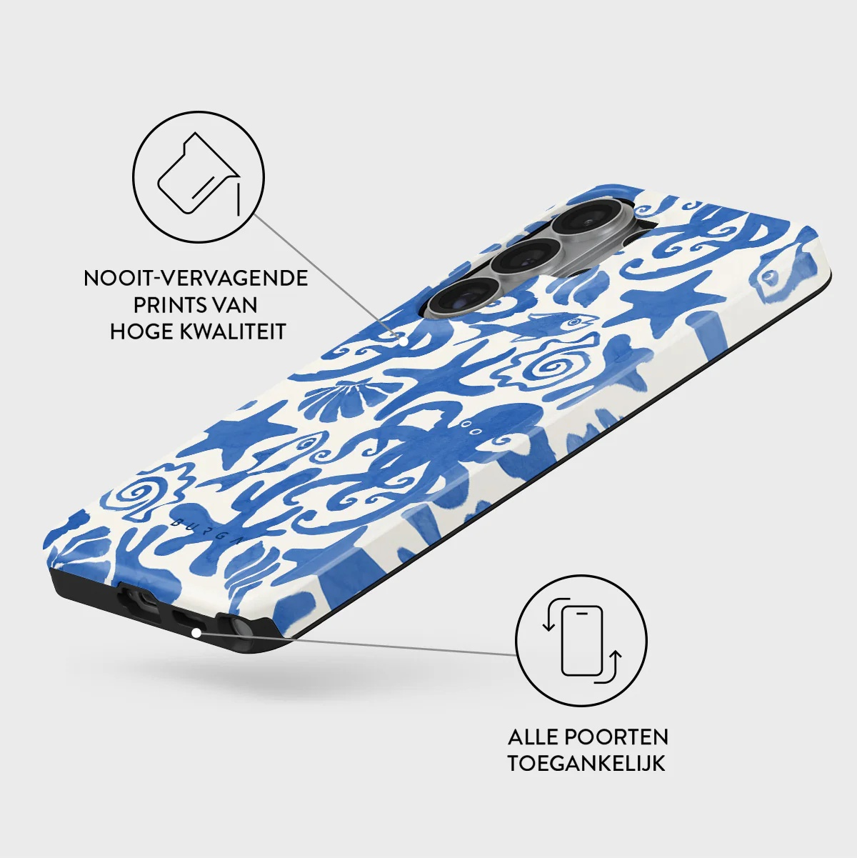 A white phone case with a blue sea design, featuring detailed octopuses and shells.