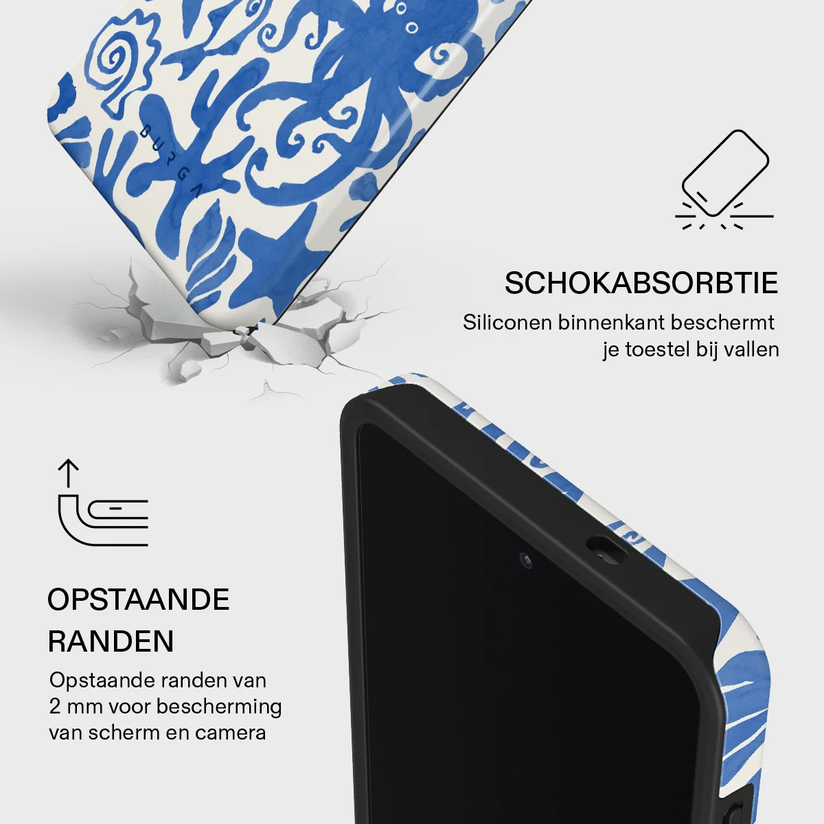 Phone case with blue octopus design falling, shock-absorbing silicone interior.