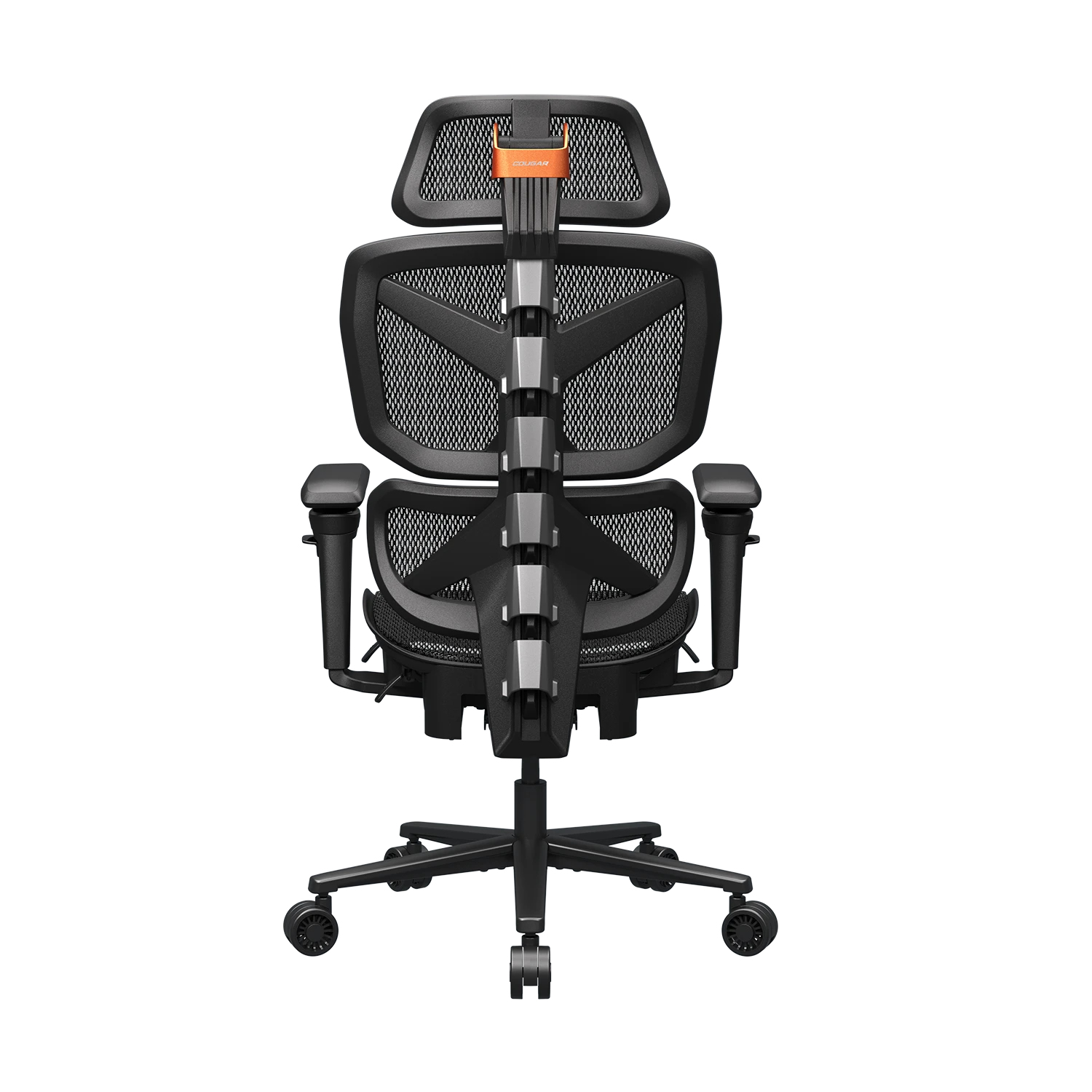 Ein schwarzer ergonomischer Bürostuhl mit Netzrücken, verstellbarer Kopfstütze und Rädern.