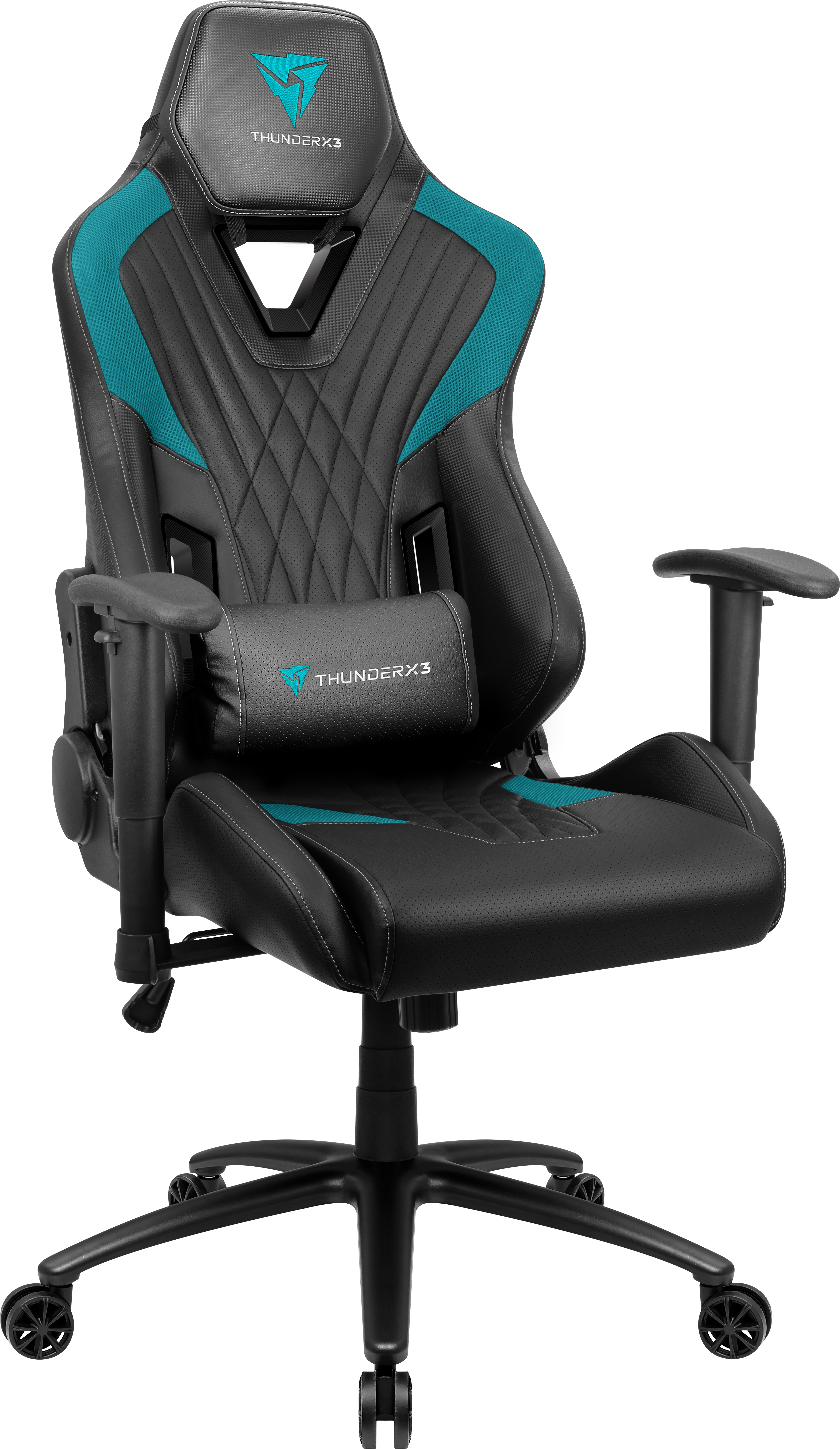 Schwarzer Gaming-Stuhl mit türkisfarbenen Akzenten und Logo.