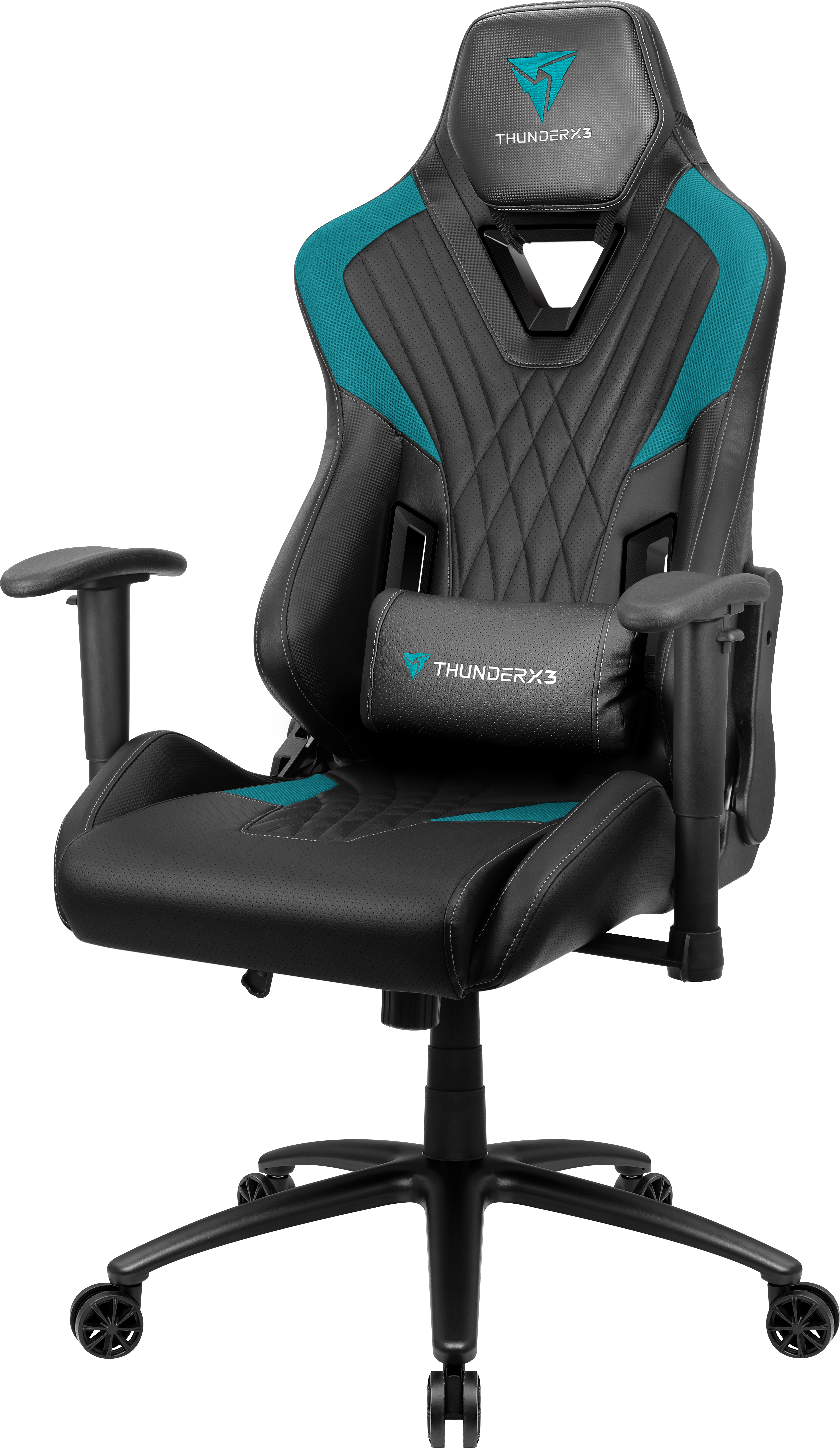 Schwarzer Gaming-Stuhl mit blauen Akzenten, verstellbaren Armlehnen und Lendenkissen.