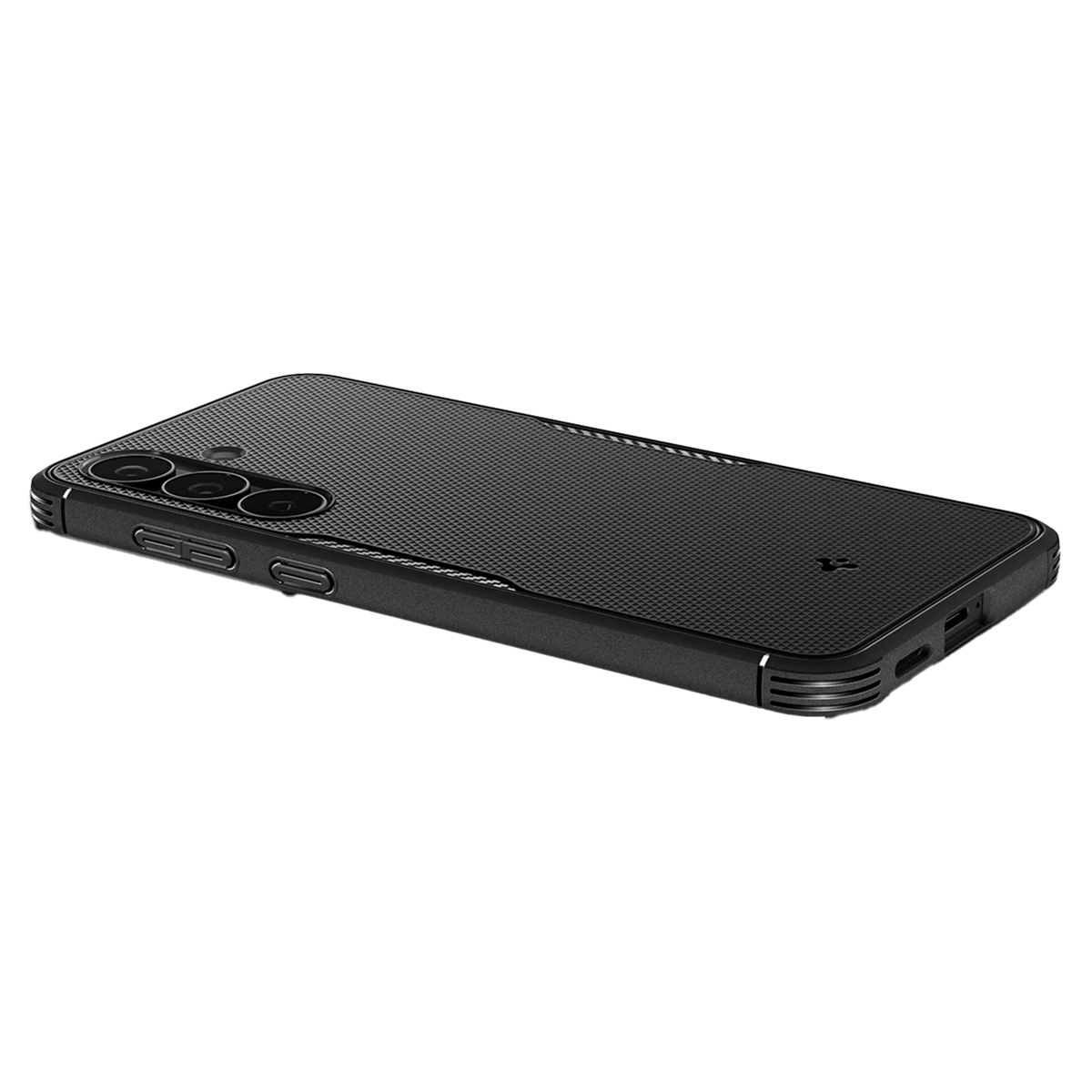Custodia nera per telefono con motivo a rombi sul retro e tre obiettivi della fotocamera.