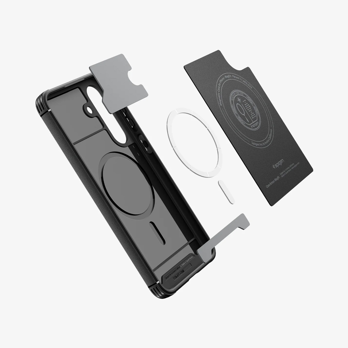 Vista esplosa di una custodia nera per telefono con anello magnetico e piastra.