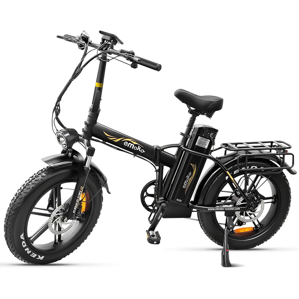 Una bicicleta eléctrica plegable negra con ruedas anchas, portaequipajes y luz delantera.