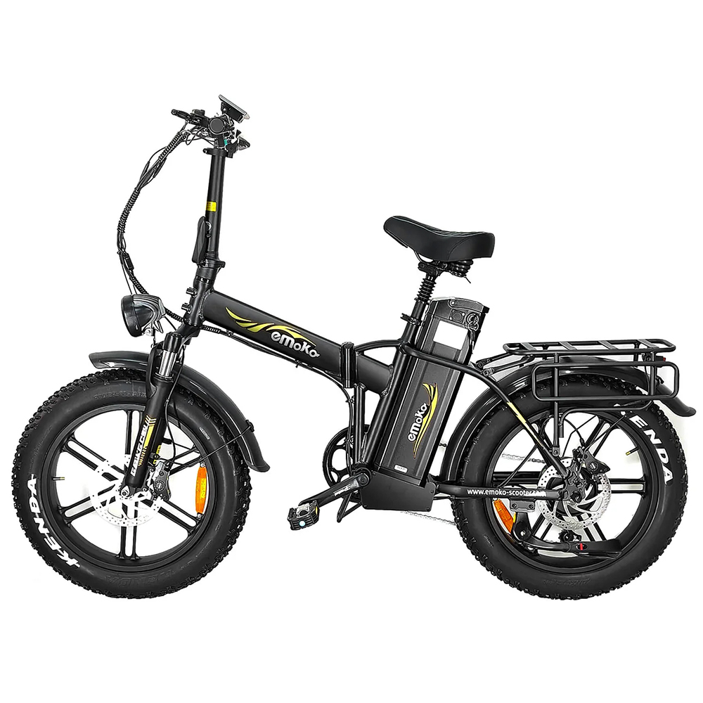 Bicicleta eléctrica plegable negra con neumáticos anchos, portaequipajes y batería.