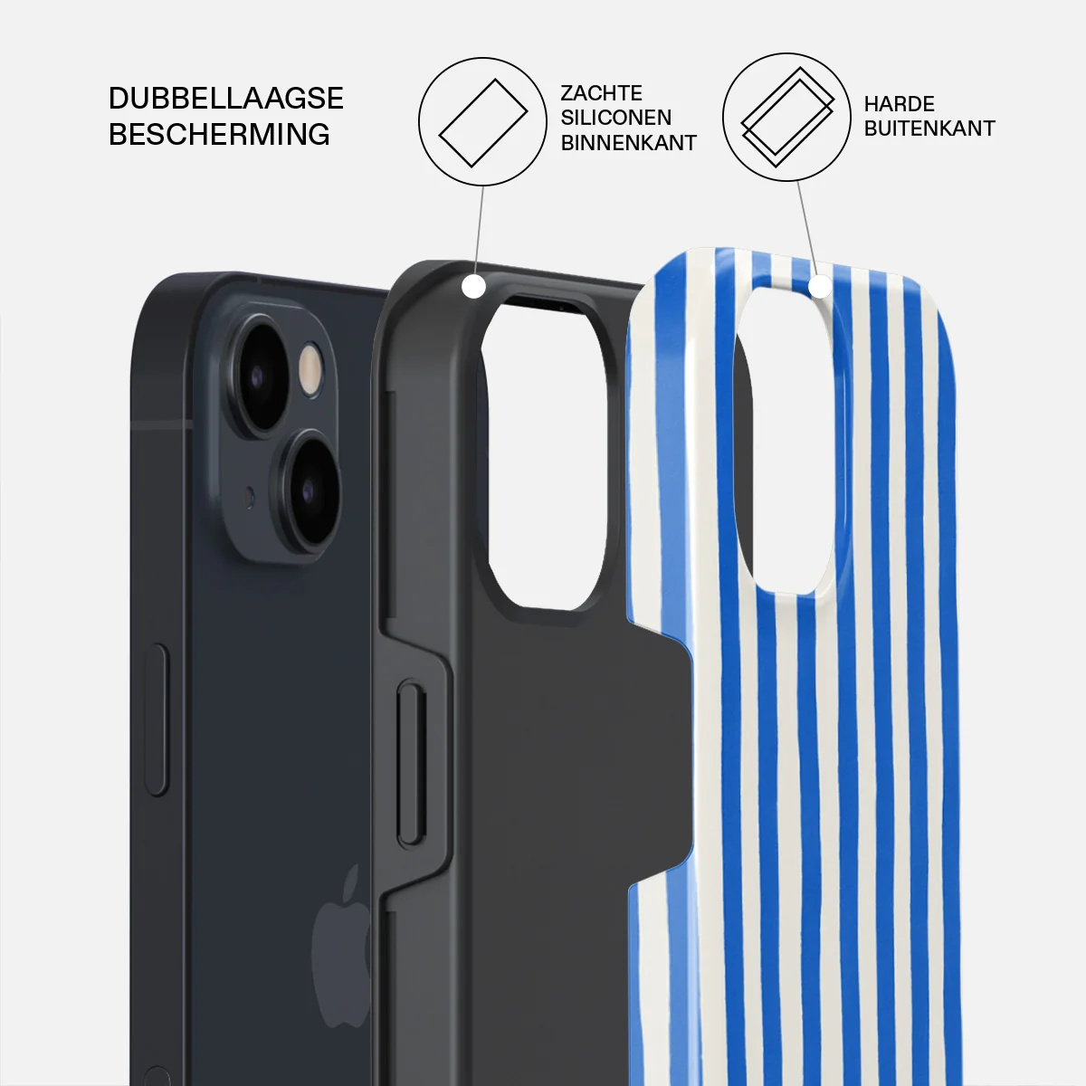 A smartphone with a dark blue case being inserted into a protective cover with blue and white stripes.