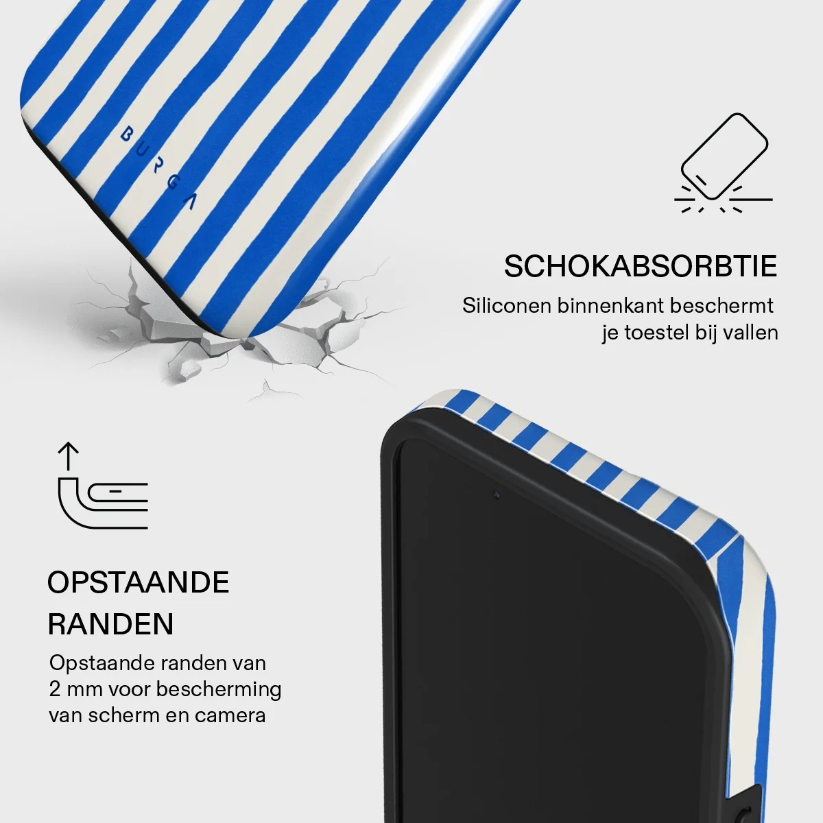 Blue and white striped phone case with shock absorption and raised edges for cameras.