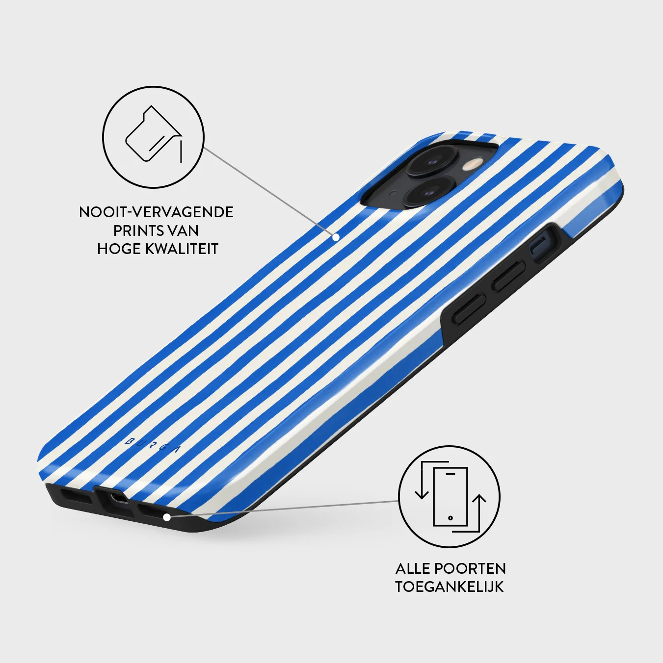 A blue and white striped phone case with camera cutout and side buttons.