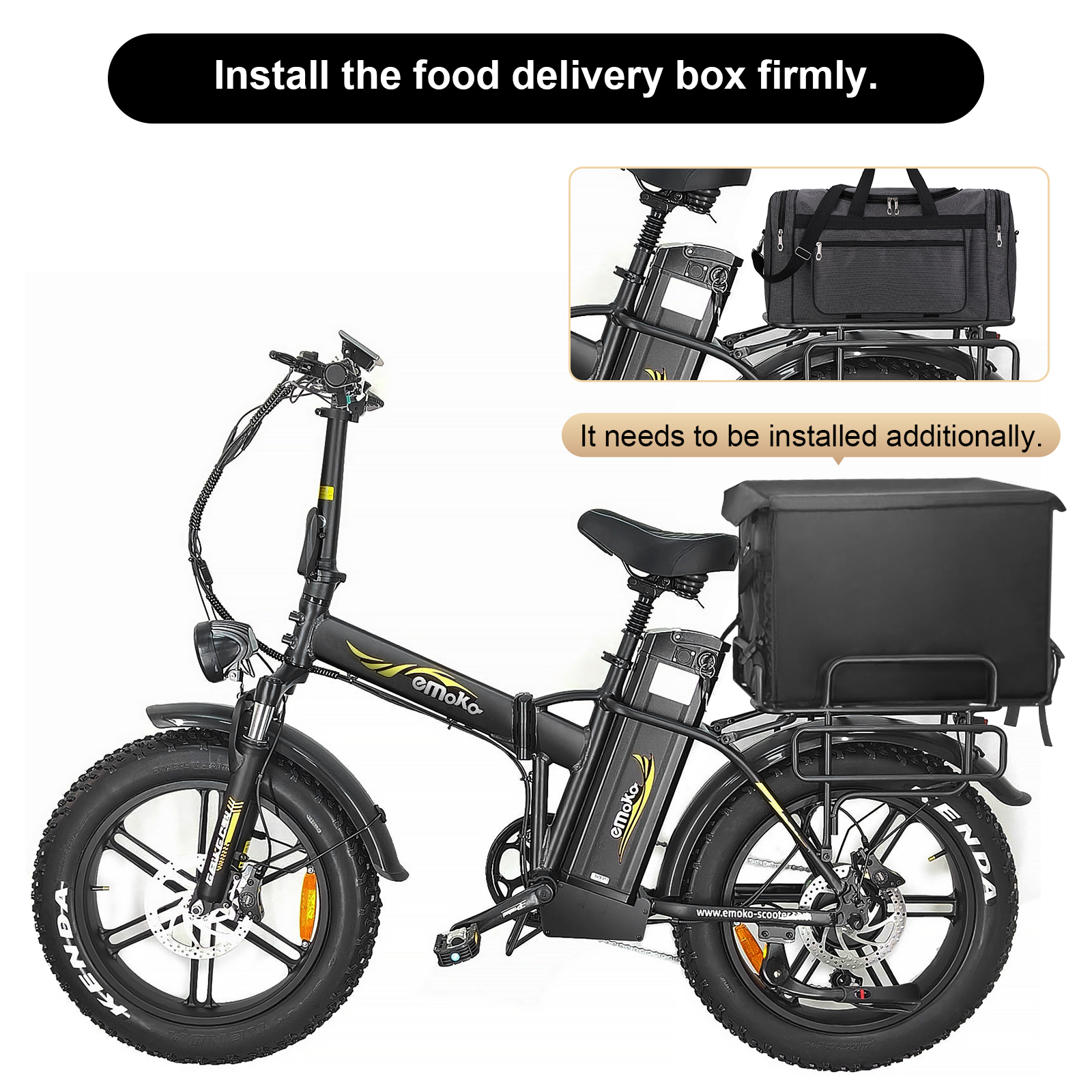 Una bicicleta eléctrica negra con neumáticos anchos y una caja de reparto negra.