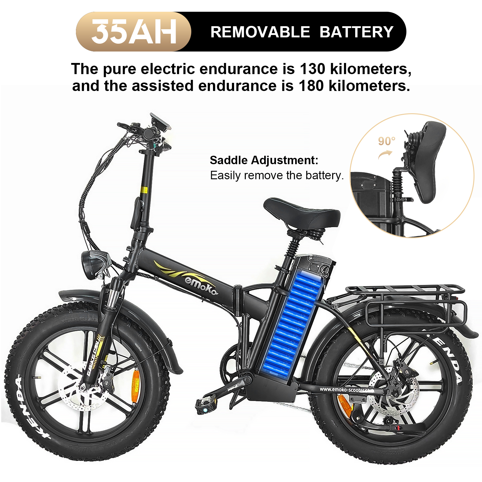 Una bicicleta eléctrica plegable negra con batería extraíble de 35Ah y portabultos.