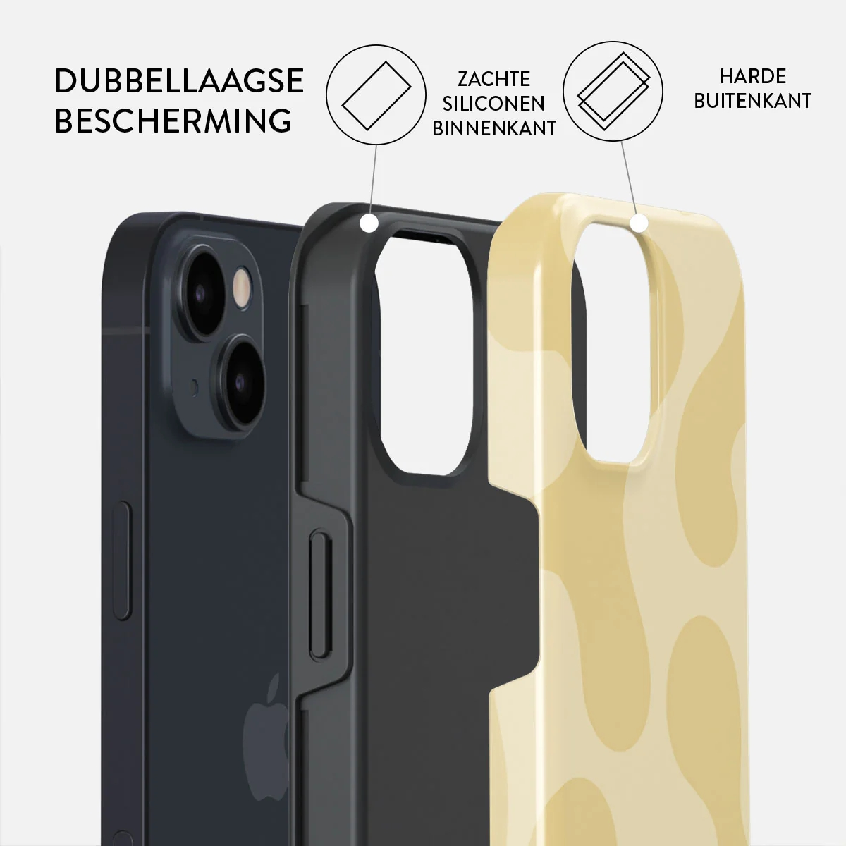 Three phone cases layered: dark, black, and beige with spots.
