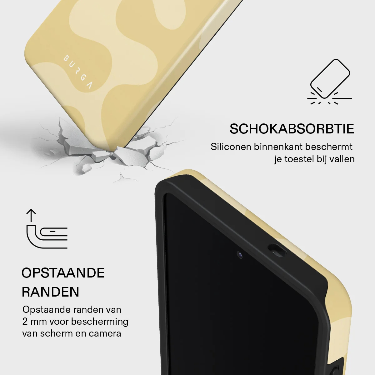 A yellow phone case with beige waves falls on cracked ground, showing shock absorption.