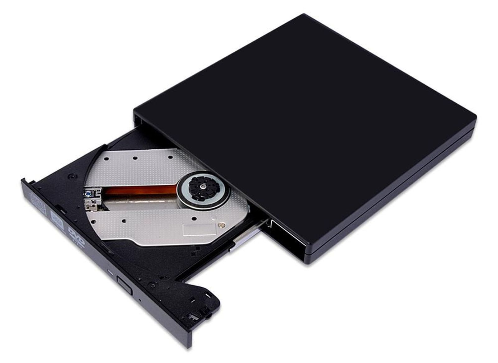 Masterizzatore DVD esterno nero con vassoio aperto, mostra componenti interni.