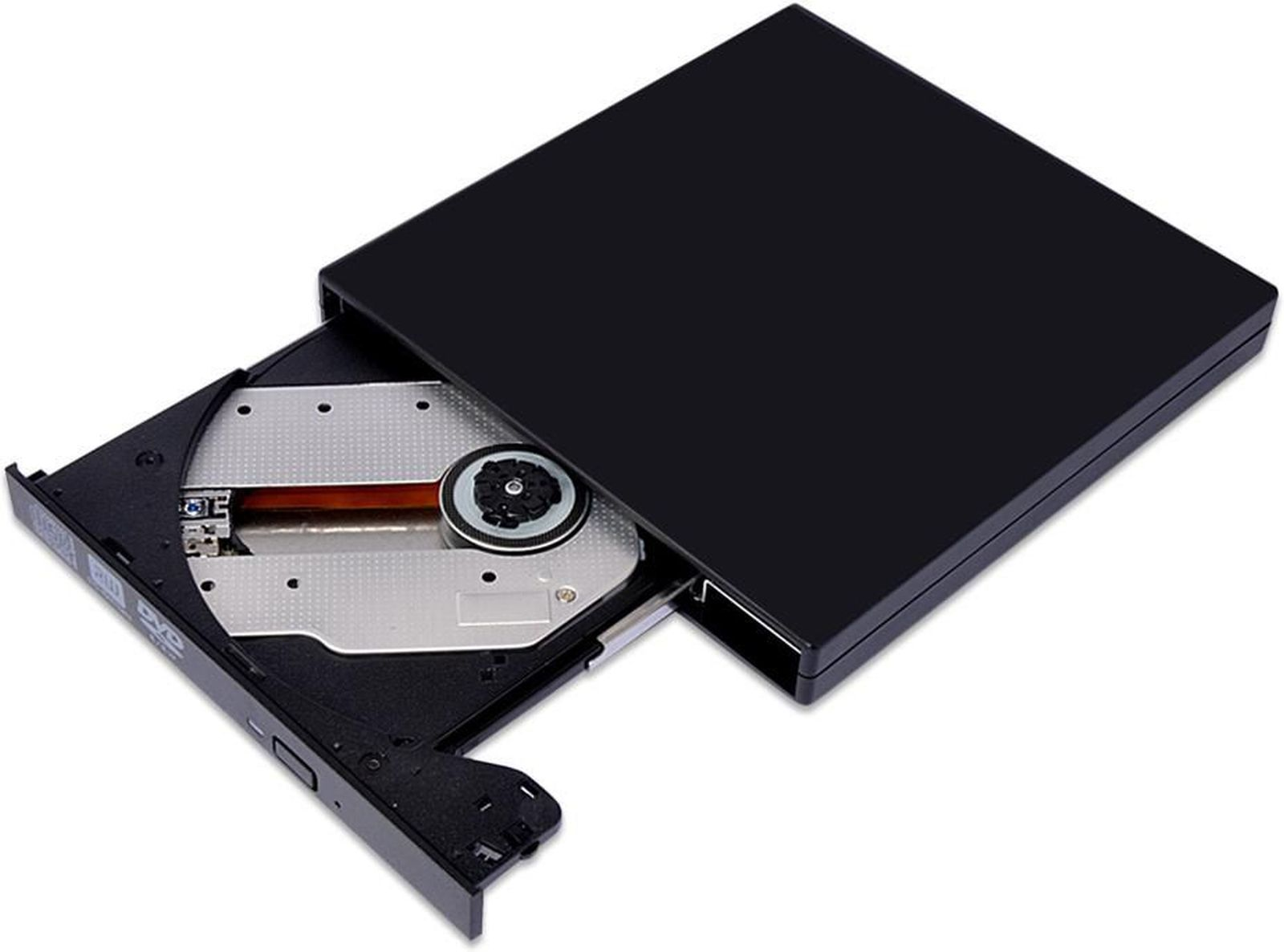 Unità DVD esterna nera con vassoio esteso e meccanismo visibile.