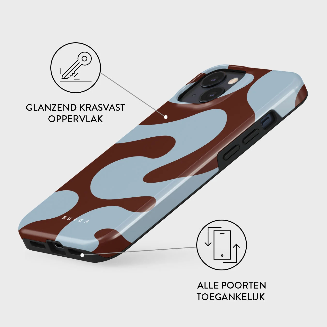 Brown and light blue patterned phone case, glossy finish.