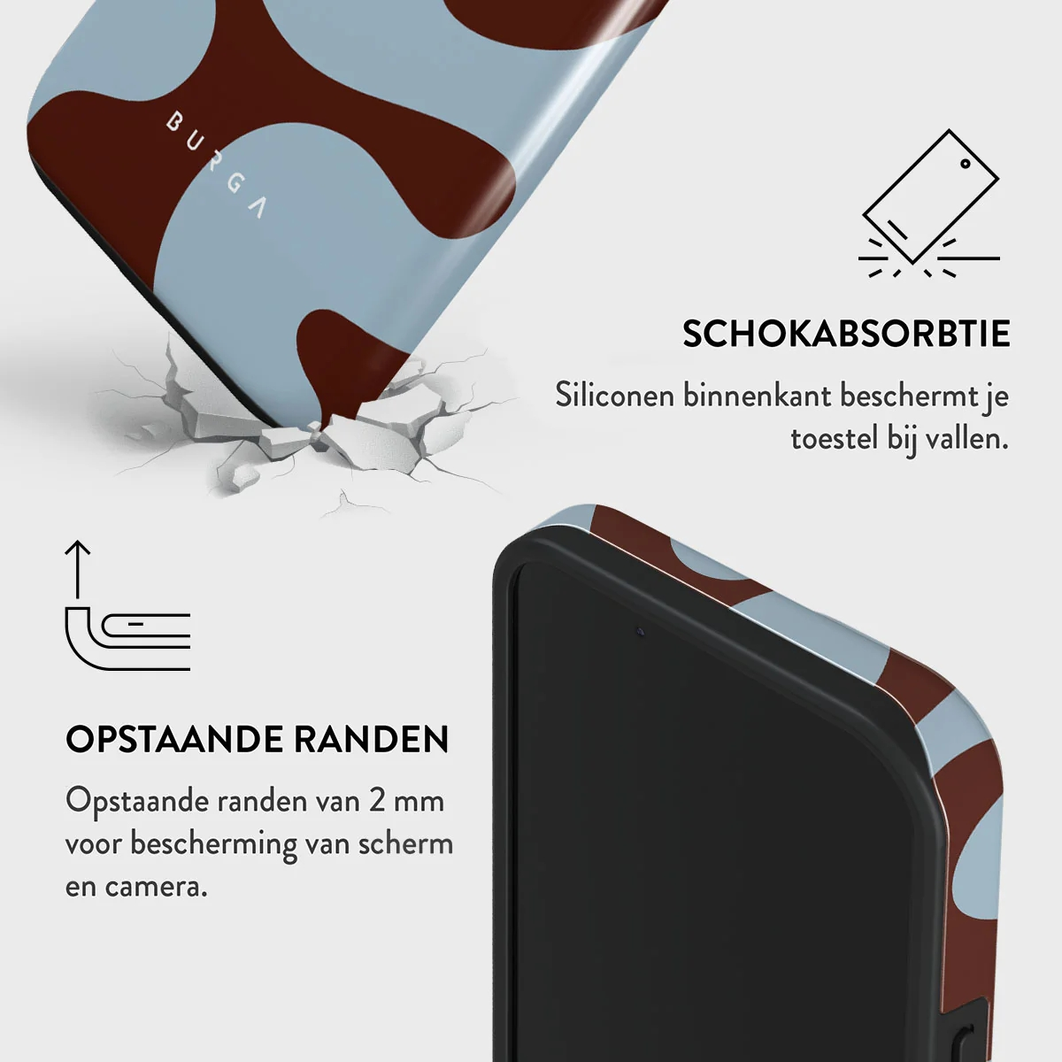 Phone case with shock absorption and raised edges for protection.