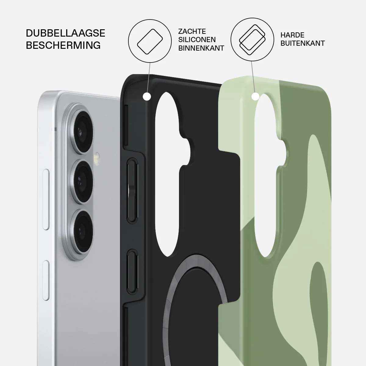 A phone with a two-layer protective case, showing soft silicone and hard edges.