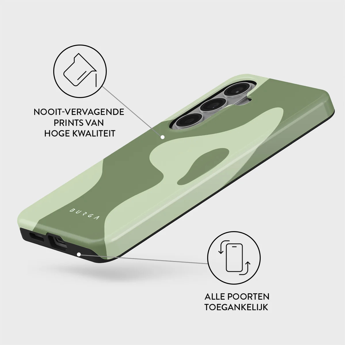 Green camouflage phone case with camera cutout and BURGA logo.