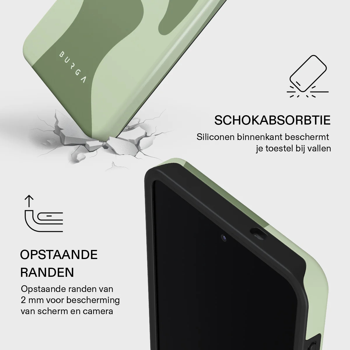 Phone case with shock absorption and raised edges for screen/camera protection.