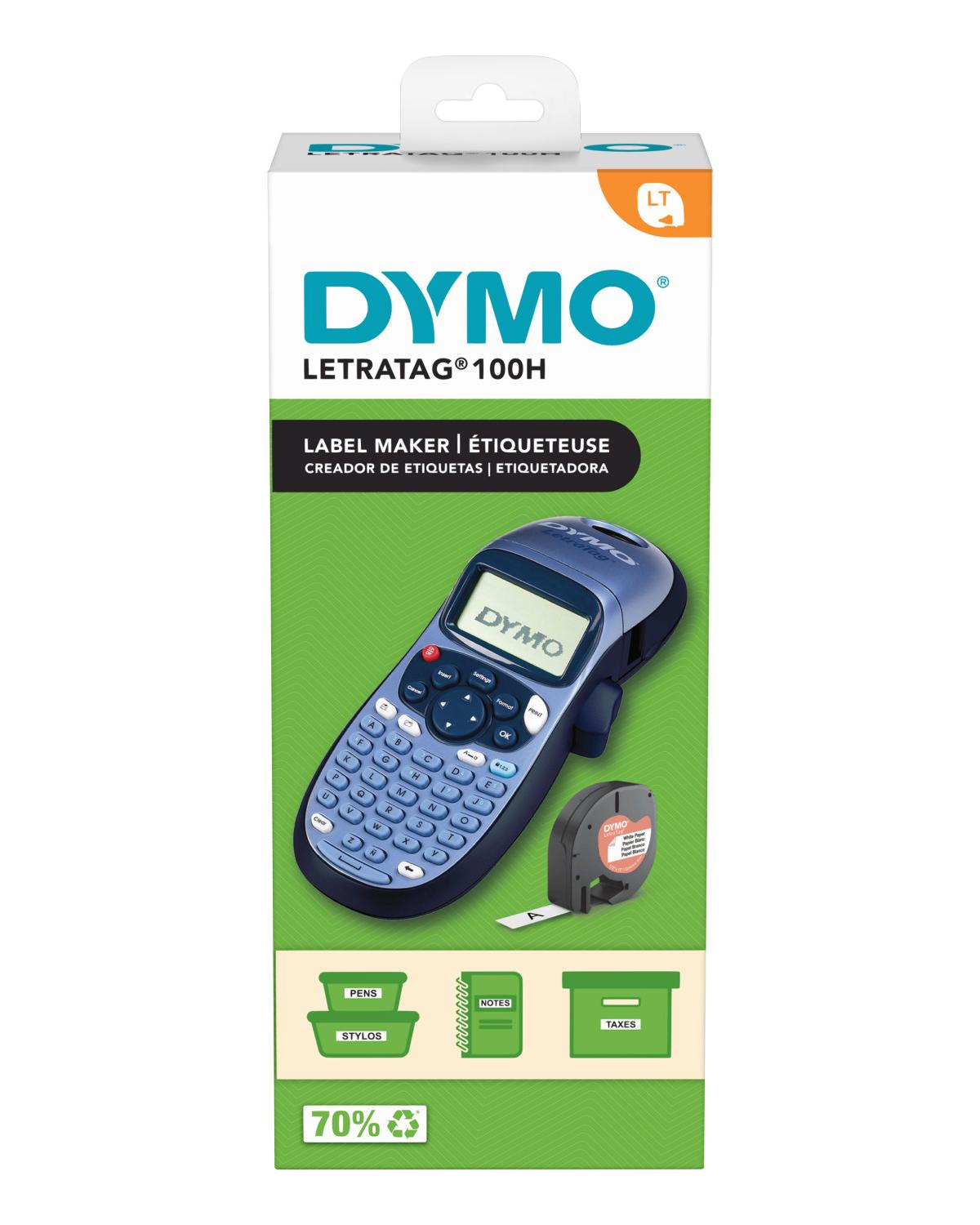 Verpackung eines DYMO Label-Makers Letratag 100H mit Tastatur und Zubehör.