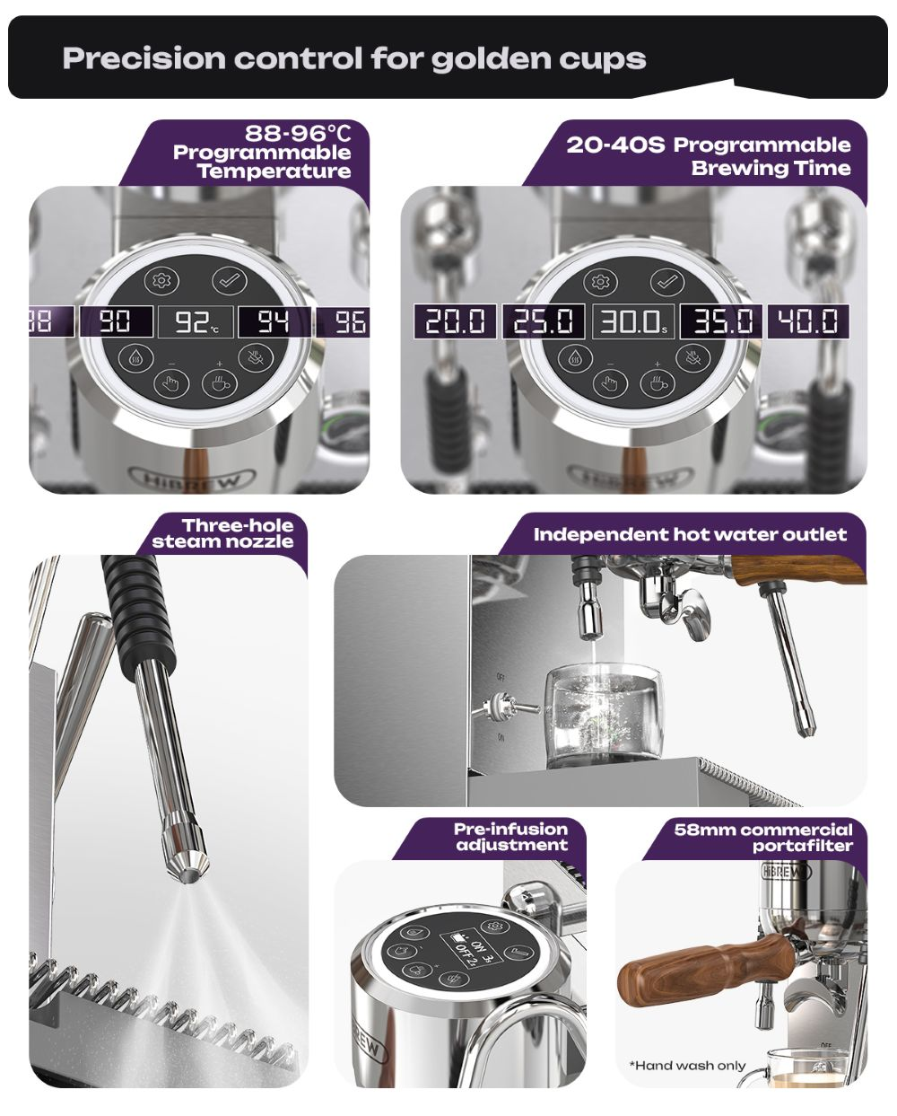 Máquina de espresso con pantallas digitales para temperatura, tiempo de preparación, boquilla de vapor y salida de agua caliente.