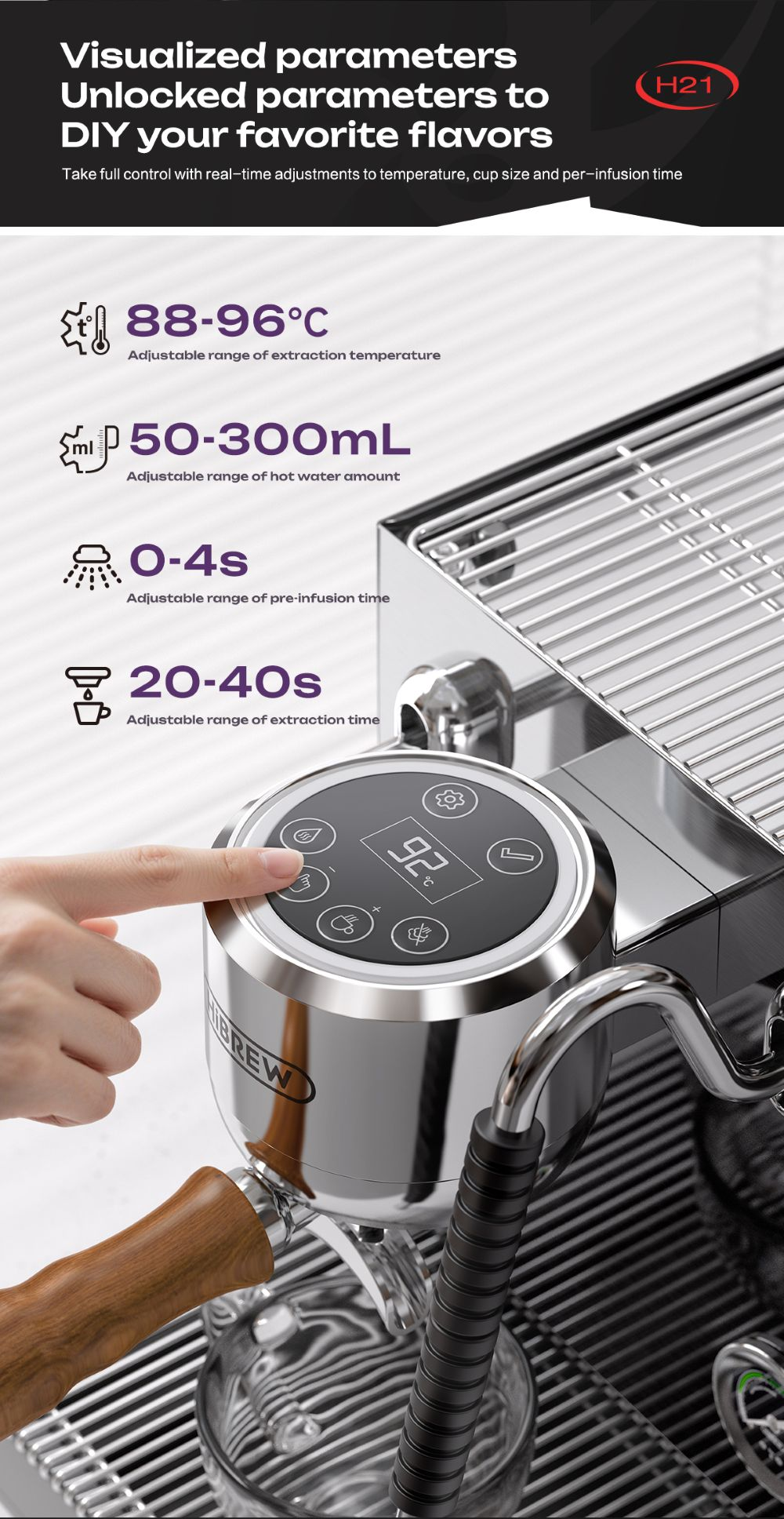 Una mano opera una máquina de espresso con pantalla digital que muestra temperaturas y tiempos.