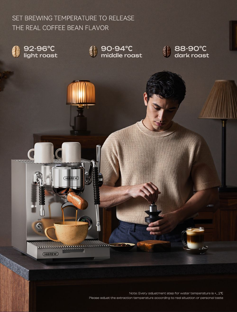 Hombre prepara café con máquina de espresso; el café fluye hacia una taza.