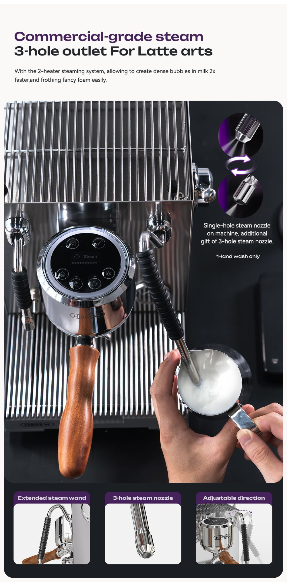 Máquina de espresso con controles digitales, vaporizando leche y tres primeros planos.