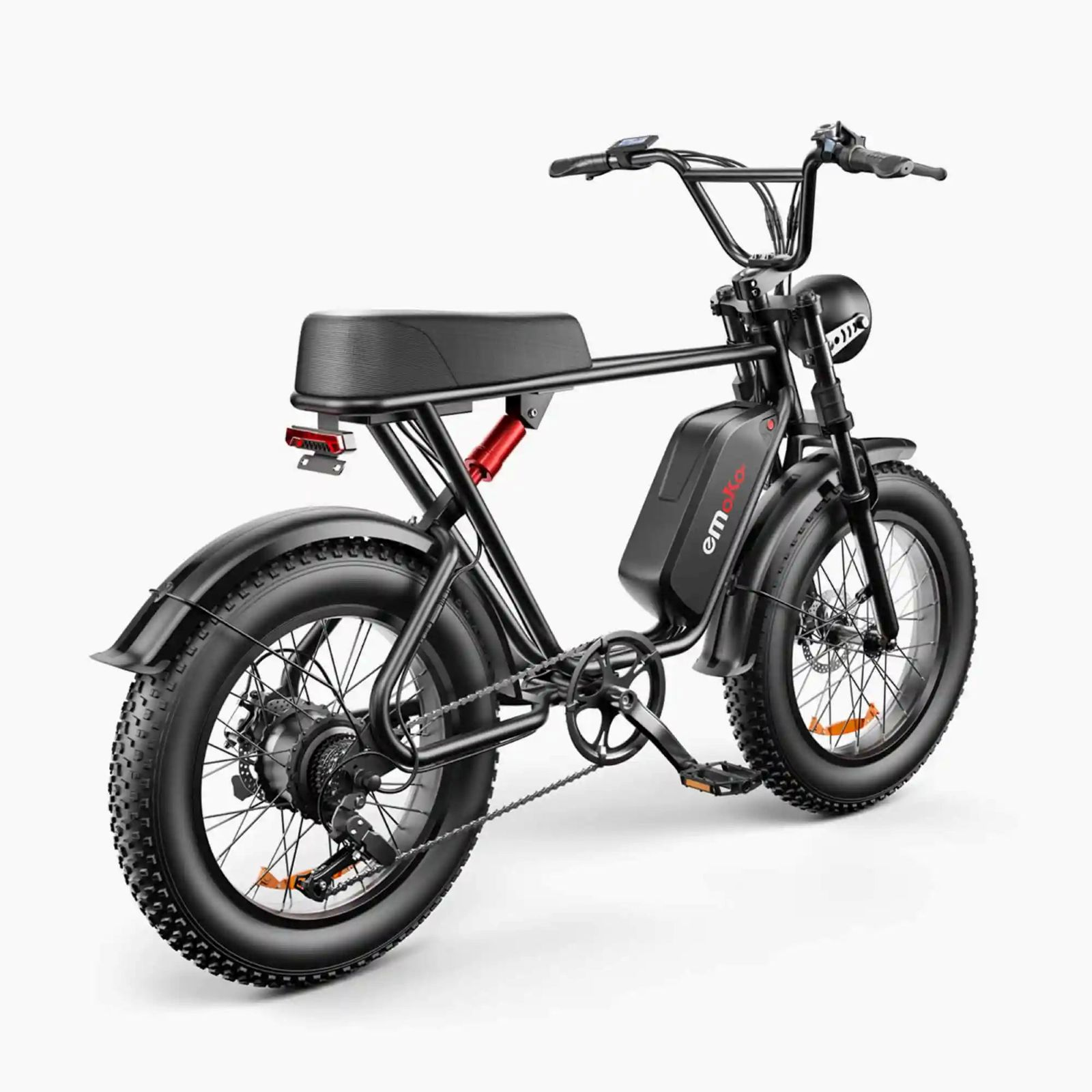 Bicicleta eléctrica negra de llantas anchas, asiento ancho y suspensión.