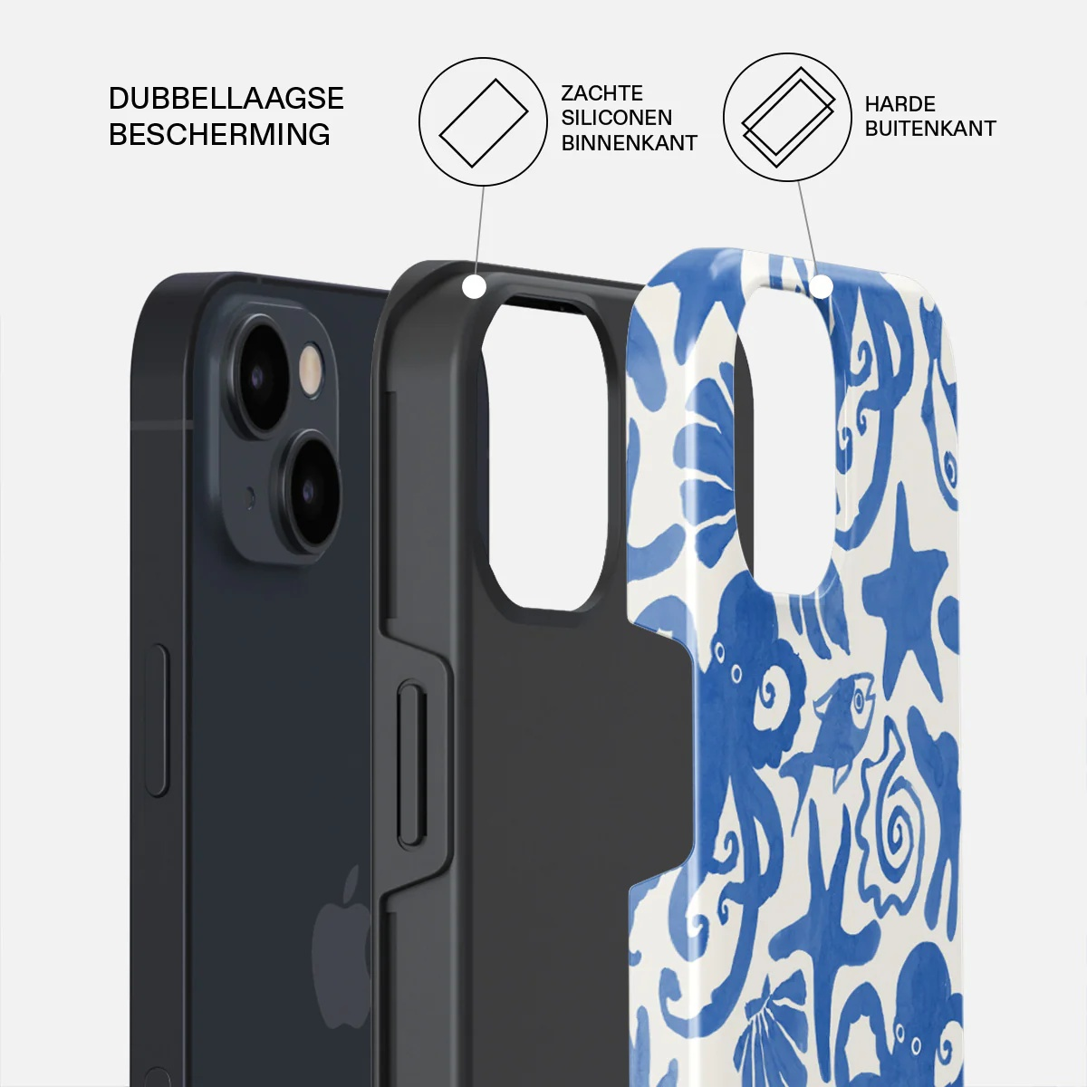 Dark blue phone with a dual-layer case: black inside, blue marine print outside.