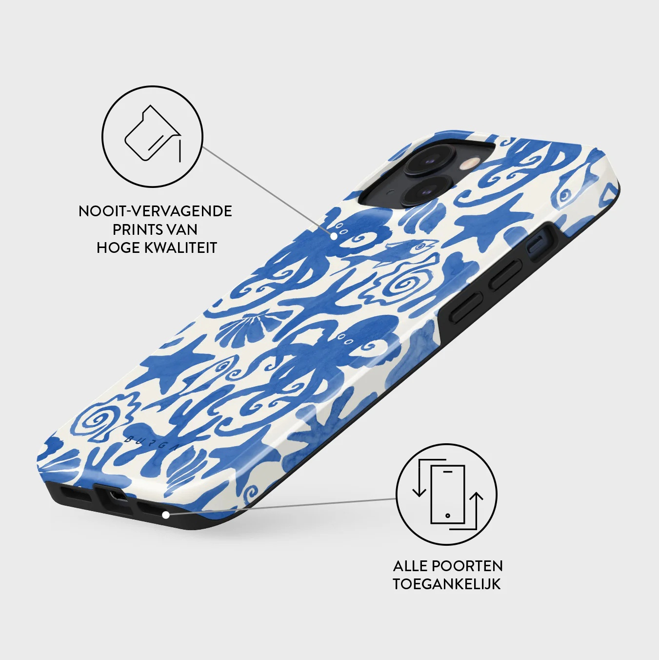 A blue and white patterned iPhone case with marine motifs.