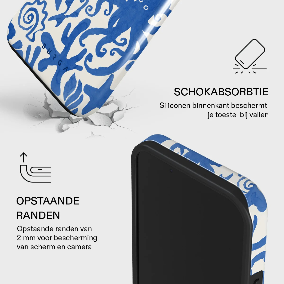 Phone case with blue octopus pattern, shockproof with raised edges.